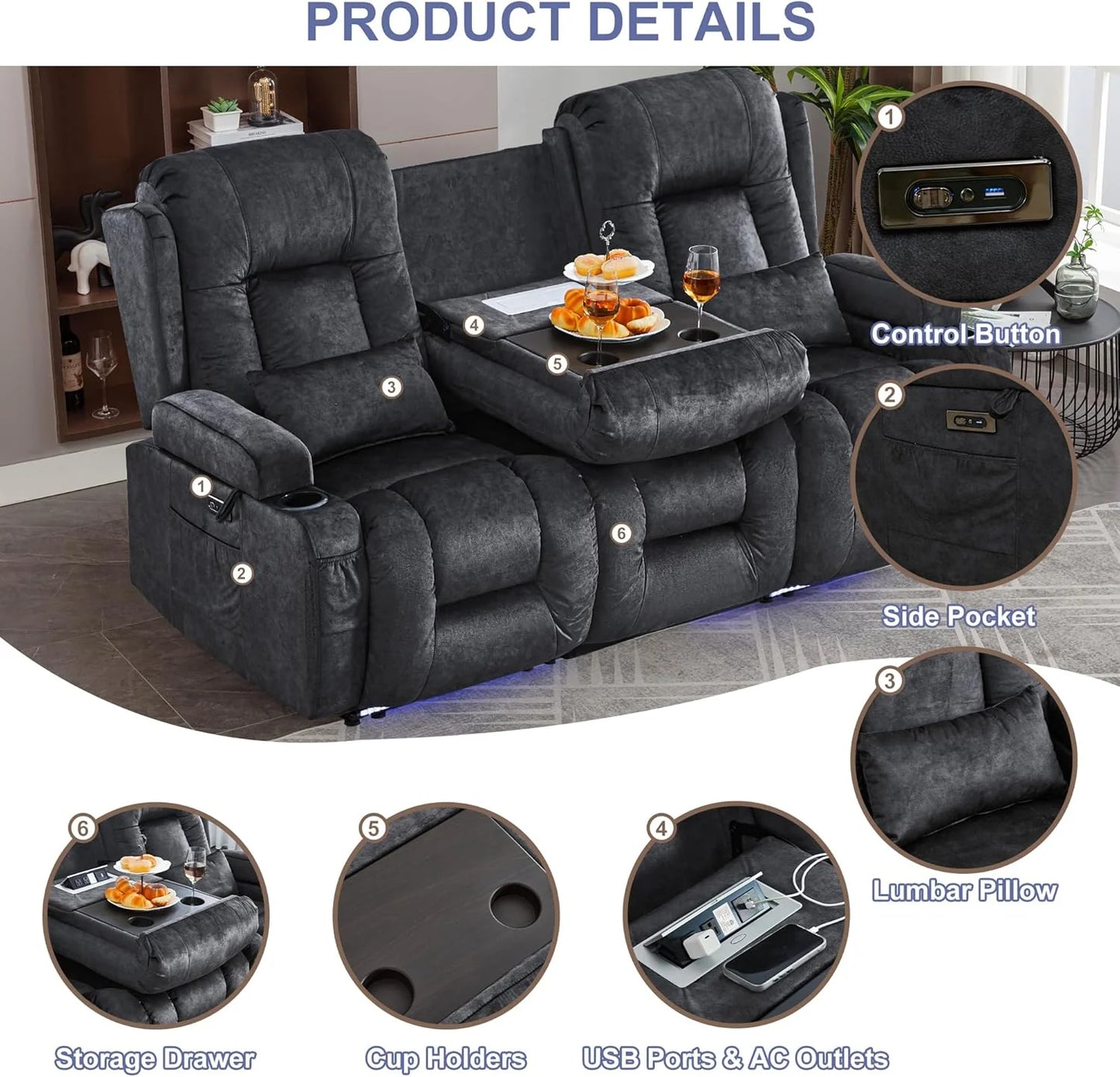 TUNYI Power Loveseat Recliner Sofa with Massage & Heat Home Theater Seating with Console Electric Recliner RV Sofa with USB/Outlet/Storage/Side Pocket/LED Light/Speaker (Brown, Loveseat)