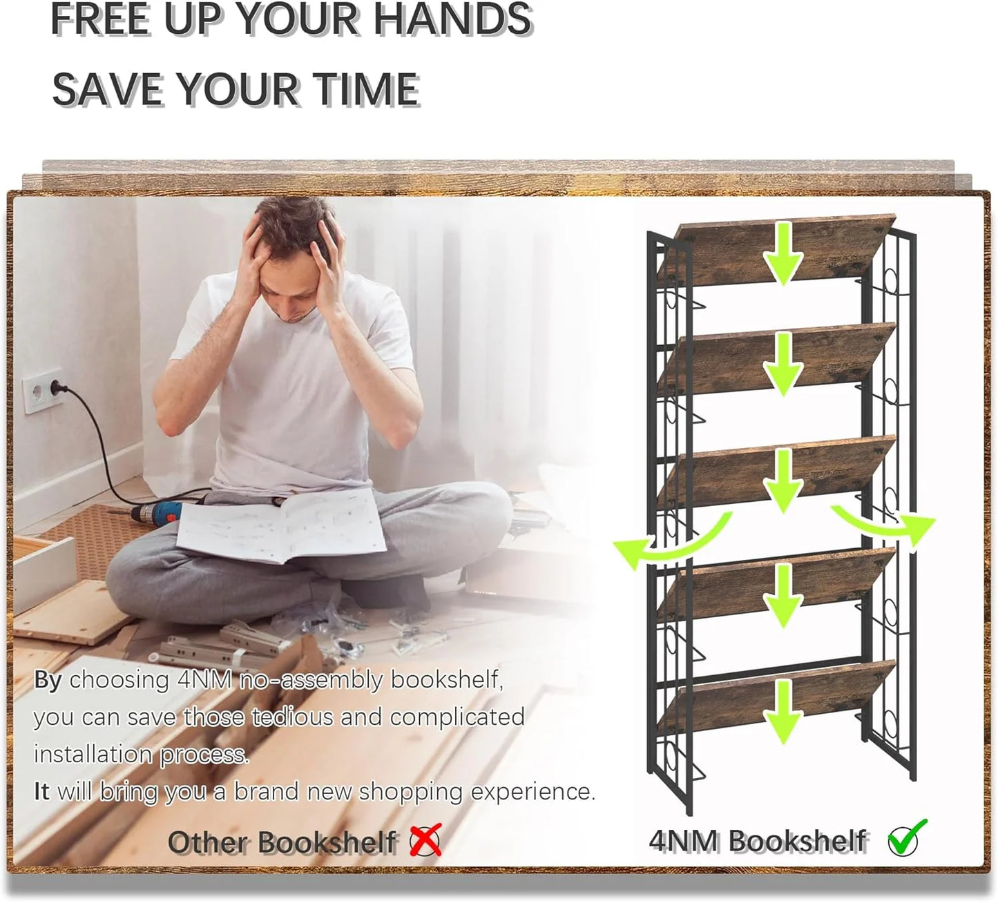 5 Tiers No Assembly Book Shelves 51.2" H Folding Bookshelf Bookcase