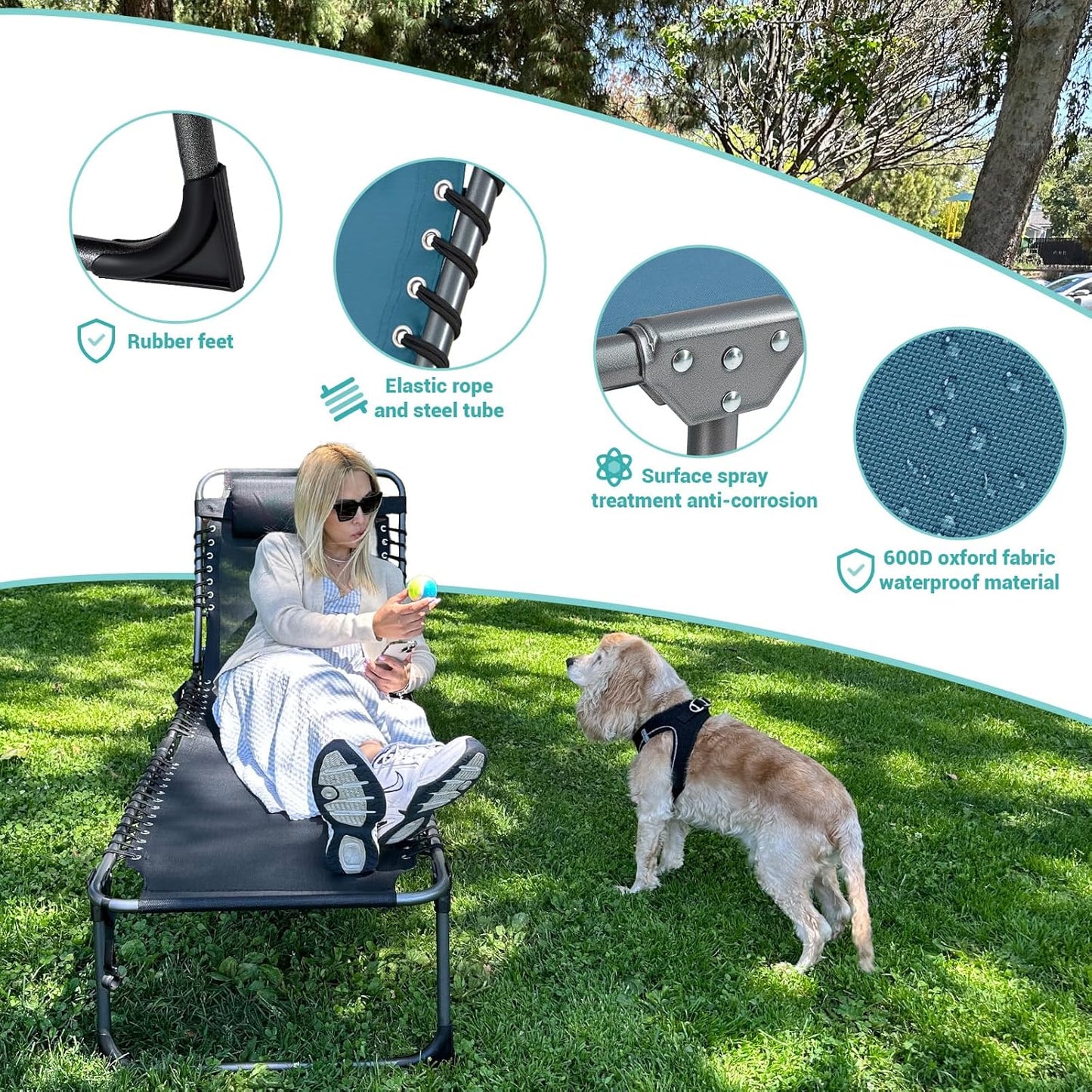 2 Pack Outdoor Chaise Lounge Chair - Portable Folding Patio Pool Lounge Chair, 5 Positions Adjustable Reclining Camping Chair with Side Table,Shoulder Strap, Pillow for Beach Sunbathing Lawn