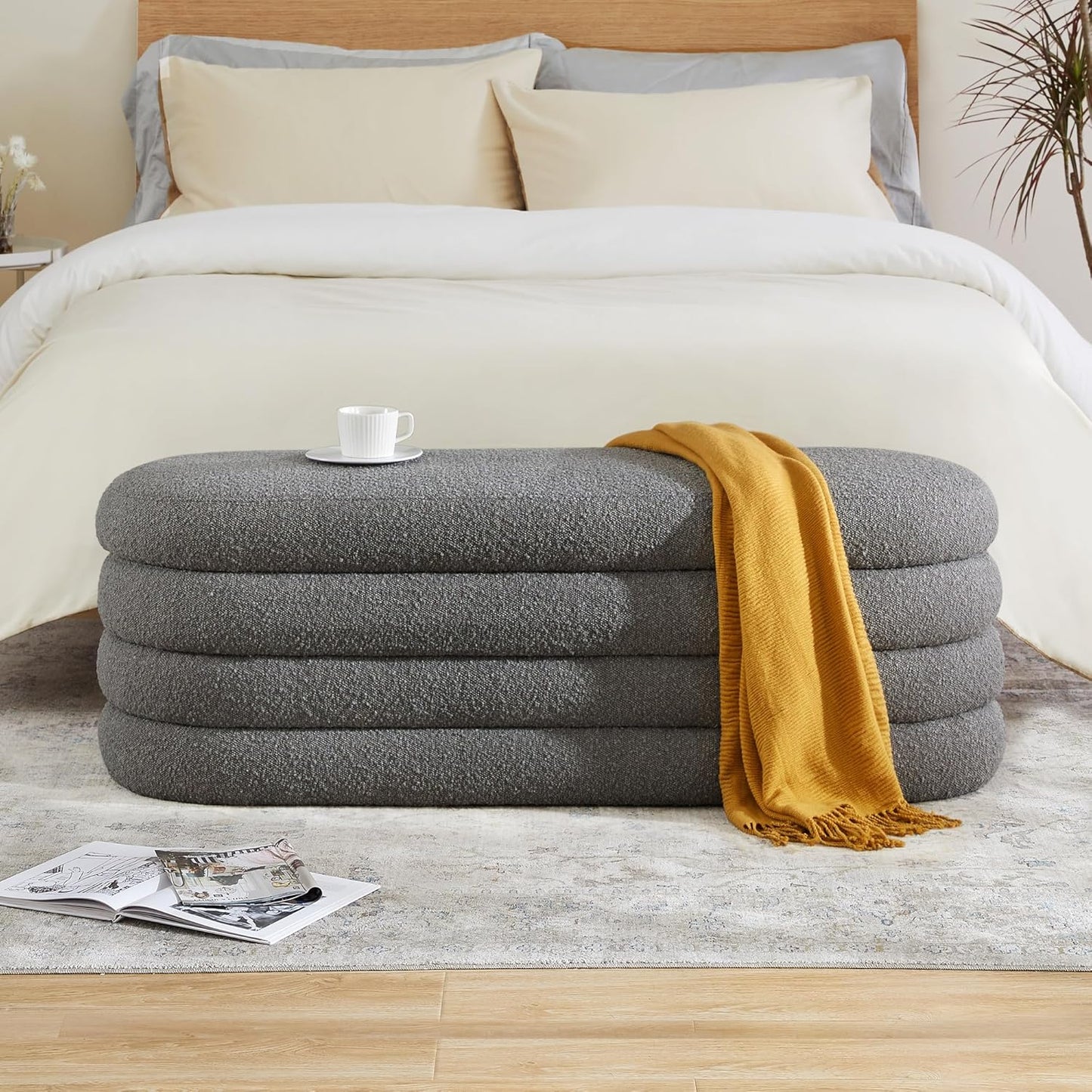 Storage Ottoman Bench 49.2 Inch Upholstered Fabric Storage Bench