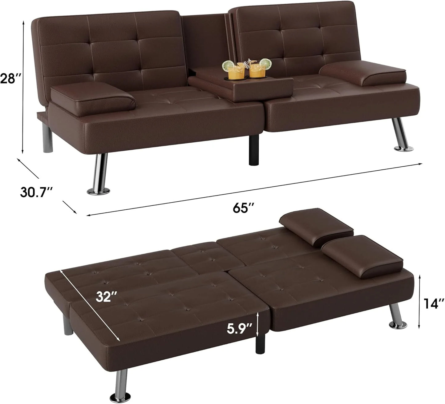 Flamaker Futon Sofa Bed Modern Folding Futon Set Convertible Recliner Lounge for Living Room with 2 Cup Holders, Removable Armrests (PU Leather, Black)