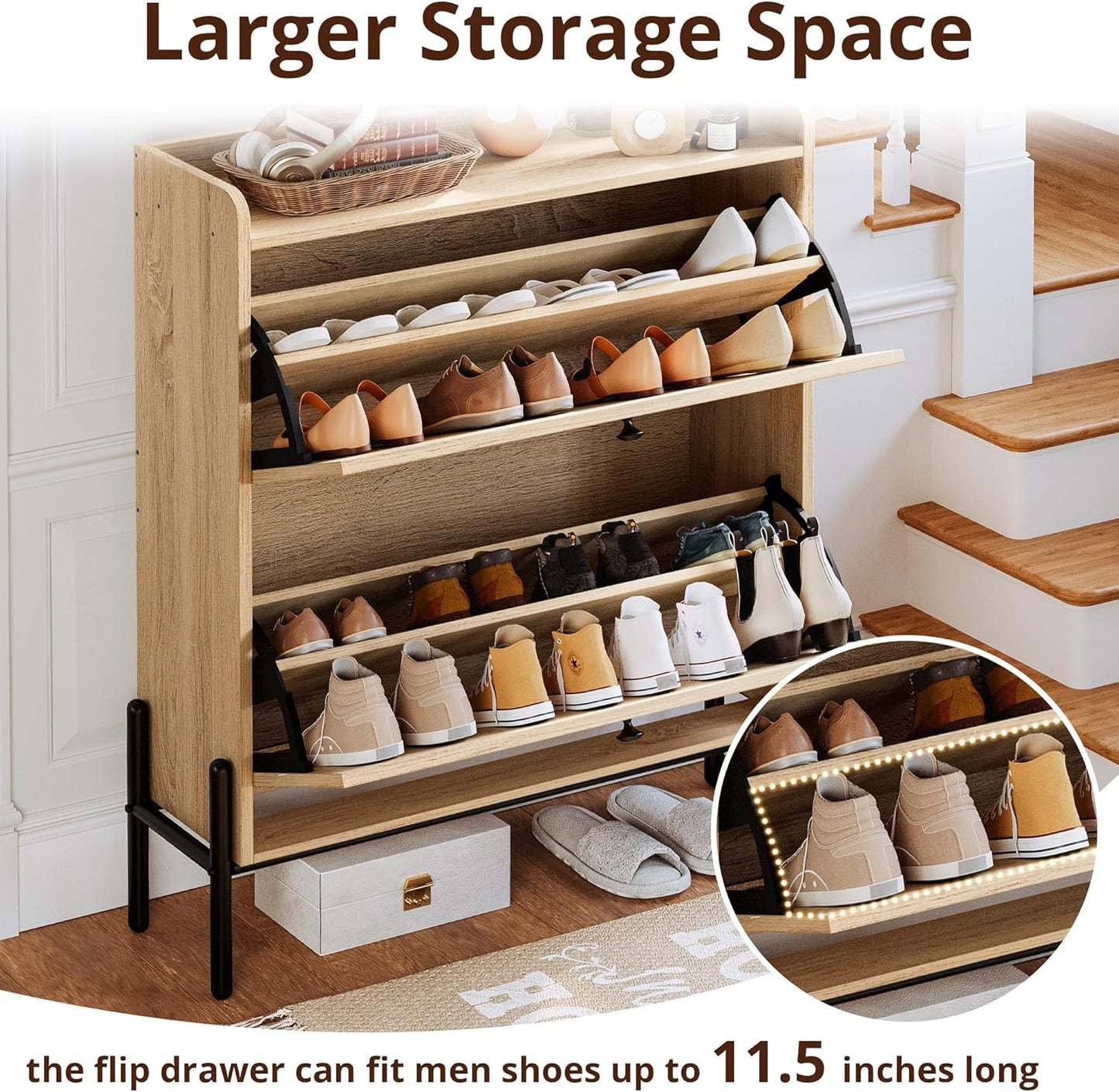 IRONCK Shoe Cabinet Storage with 2 Flip Drawers, Free Standing Wooden Shoe Storage Organizer Cabinet with Rattan Doors for Entryway, Narrow Shoe Rack Cabinet, Oak