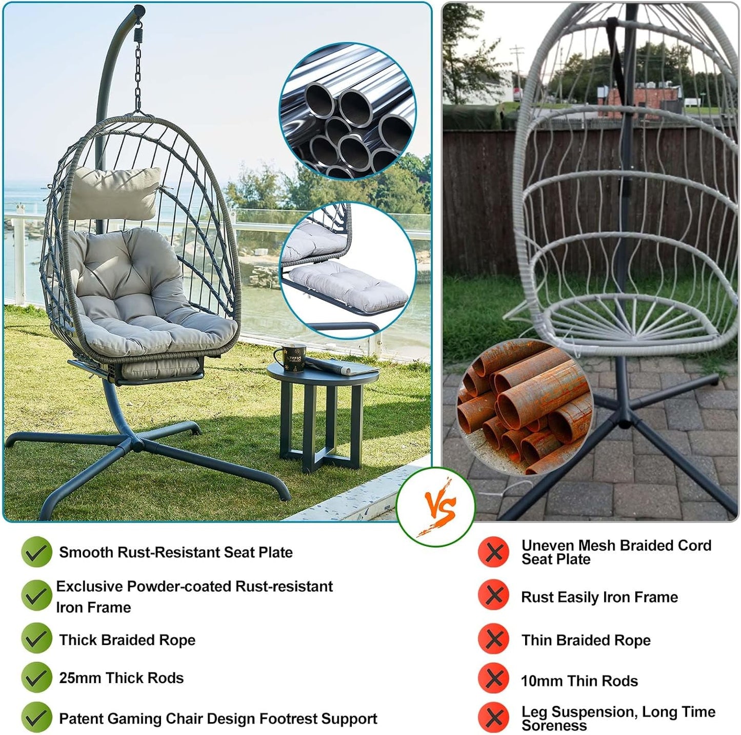 Hanging Egg Chair with Stand and Leg Rest – Rattan Wicker Swing Hammock Chair, UV-Resistant Cushion, Heavy-Duty Frame for Indoor & Outdoor Patio, Bedroom, Balcony, Garden – 330 lbs Capacity.
