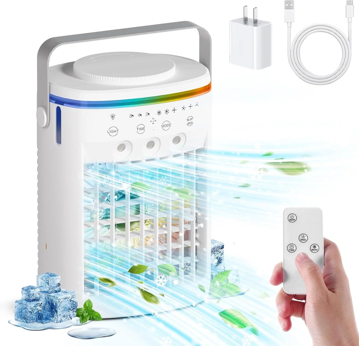 Portable Air Conditioner,Cooling Fan with 3 Speeds &3 Modes,2-8H Timer,1000ml Water Tank, Remote Control,4 in 1 Humidifier, Air Conditioner,Fan,Night Light,Evaporative Air Cooler for Home,Office