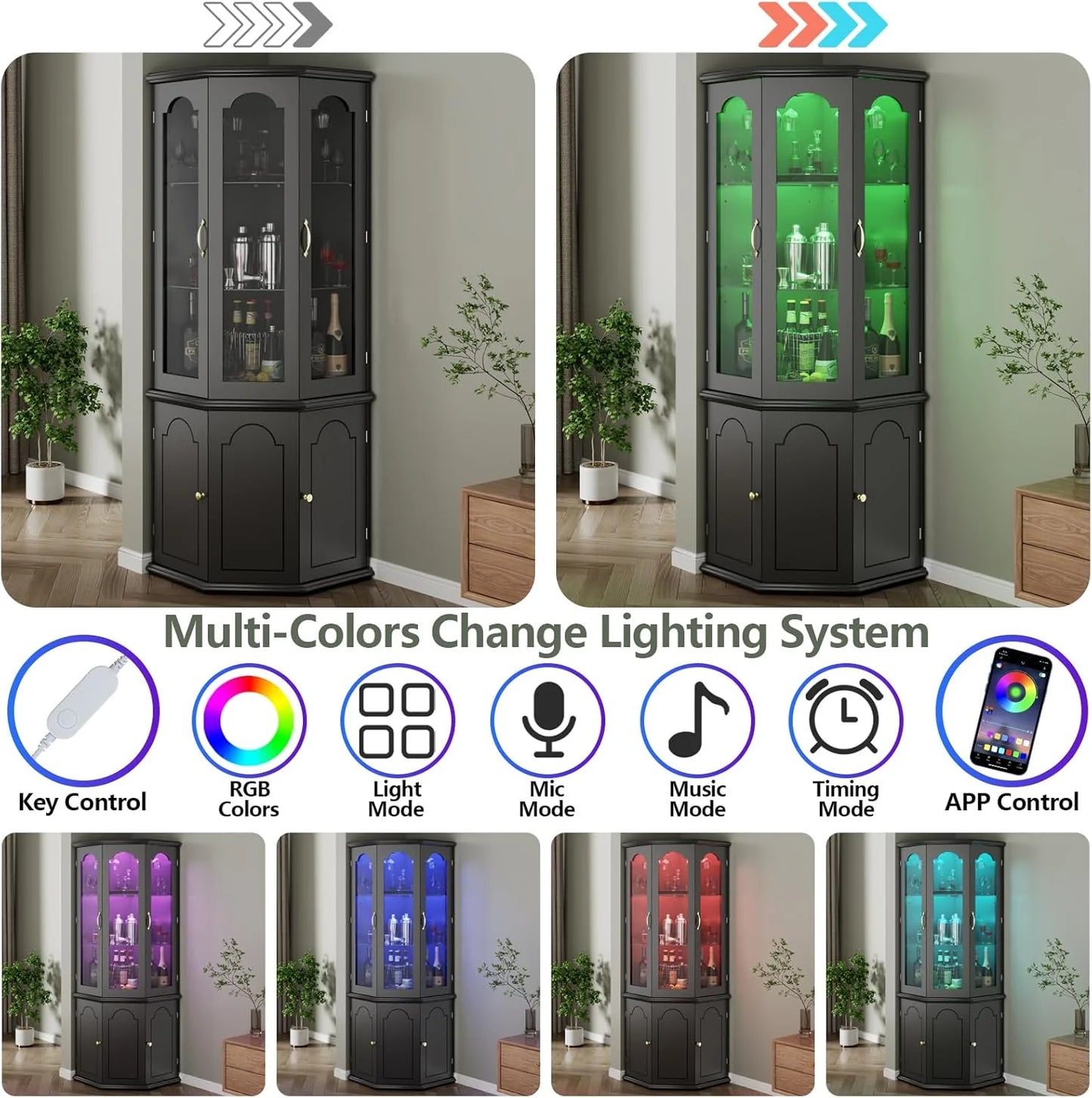 Corner wine cabinet with LED lights, tall modern wine cabinet, home bar wine storage cabinet