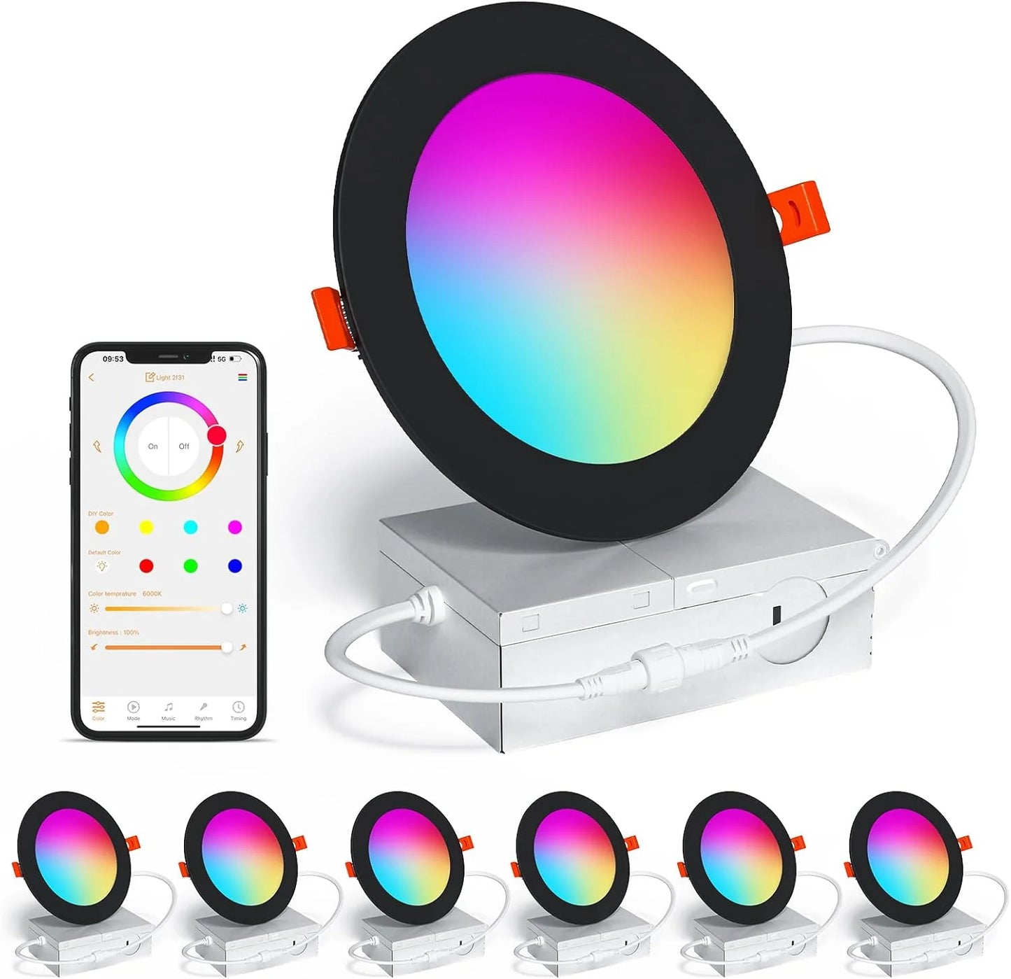 Smart Recessed Lighting 4" RGBCW Color Changing 12W LED Downlight with Junction Box