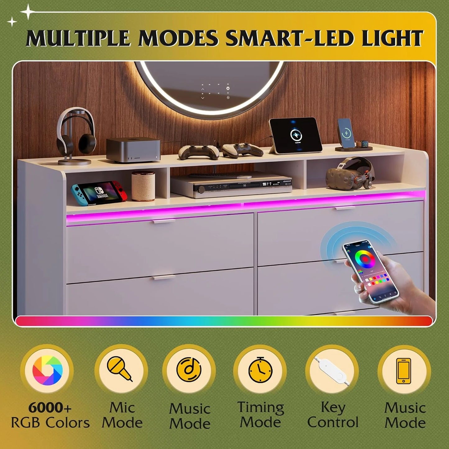 9 Drawer Led Dresser for Bedroom, 58.35'' Wide Wood Dresser Storage Organizer with Power Outlets for 65'' TV, Dressers with Open Shelves