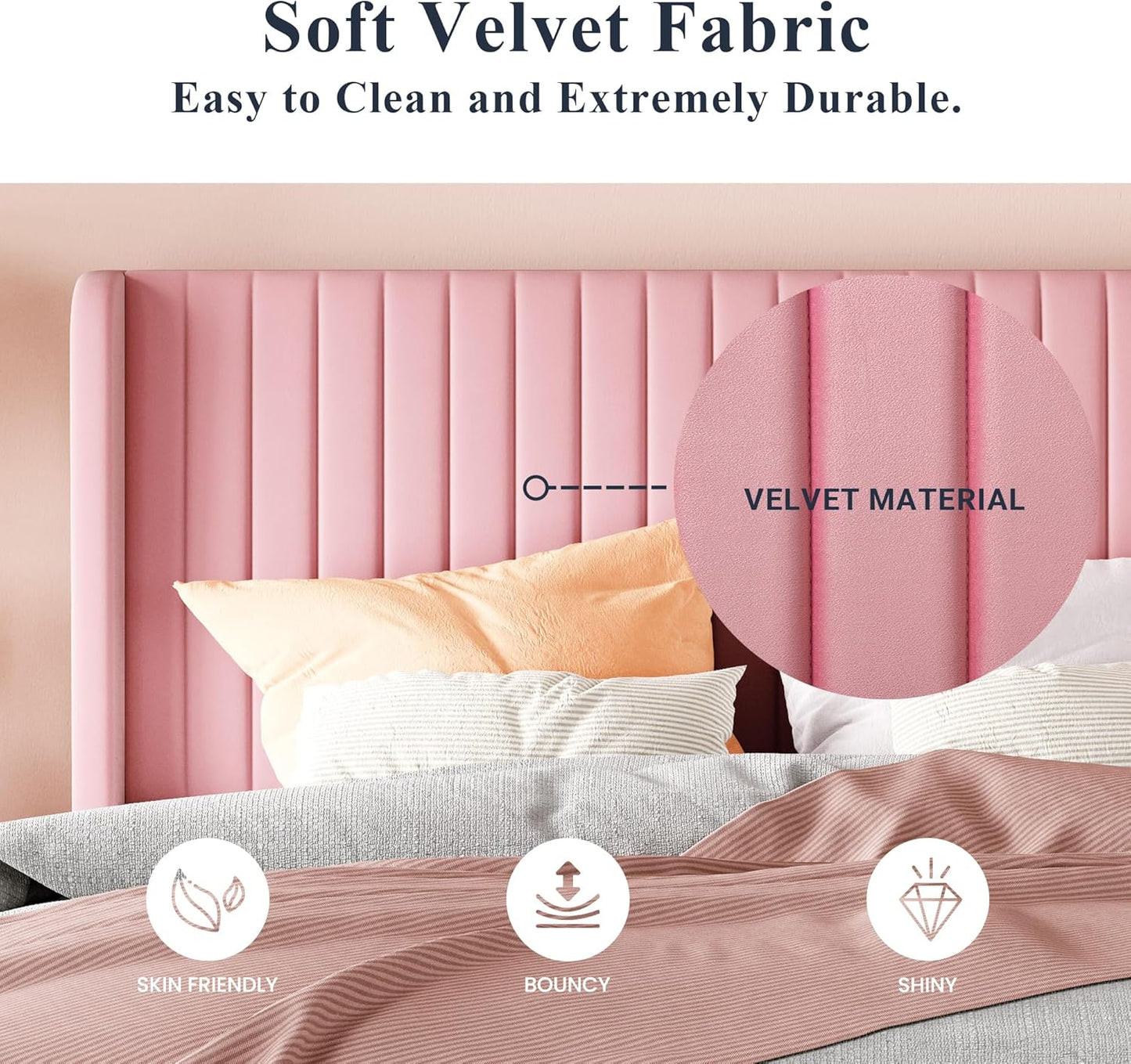 Allewie Full Size Velvet Bed Frame/Vertical Channel Tufted Wingback Headboard/Upholstered Platform Bed/Strong Wooden Slats/No Box Spring Needed/Easy Assembly/White