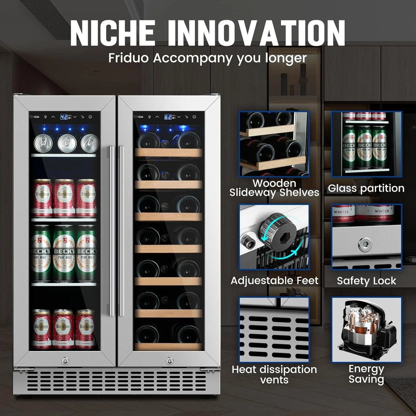 24 inch Dual Zone Beverage Refrigerator, 30 Bottles & 82 Cans Wine Fridge Built-in or Freestanding with Glass Door, Wine and Beverage Refrigerator Cooler for Kitchen Home Bar