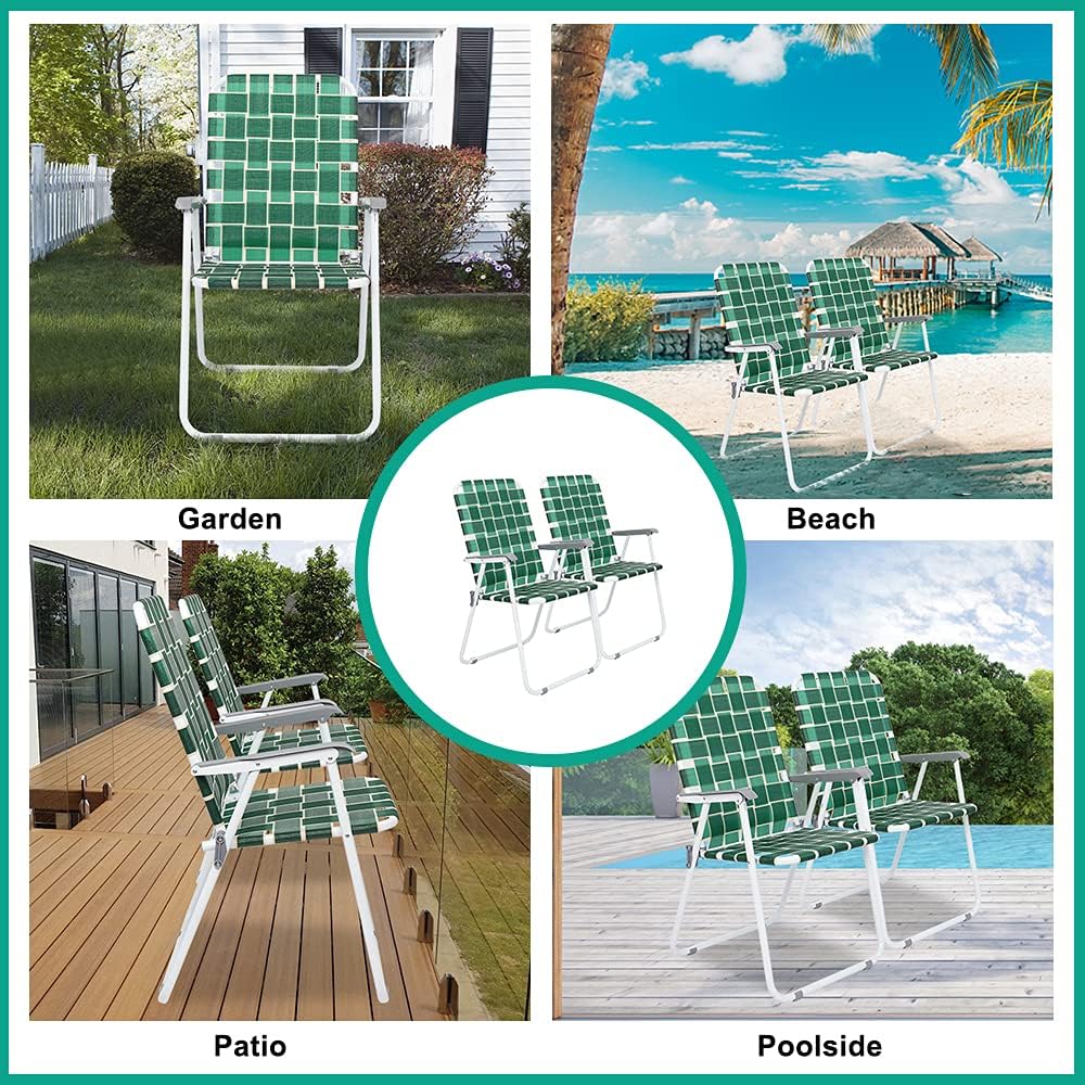 VINGLI Patio Lawn Webbed Folding Chairs Set of 2, Outdoor Beach Portable Lawn Chair Camping Chair Beach Chair