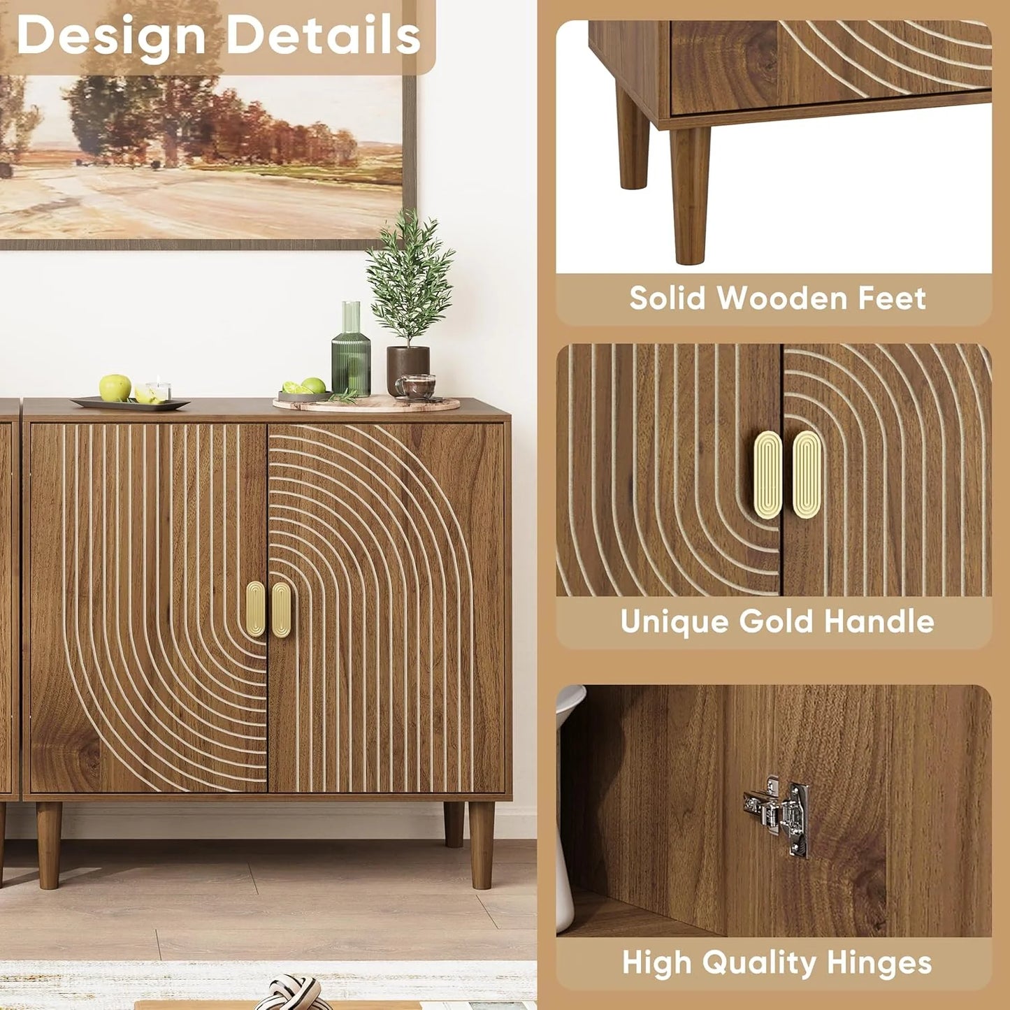 Walnut sideboard, freestanding dining cabinet with cable channel design, wooden storage cabinet with adjustable shelves