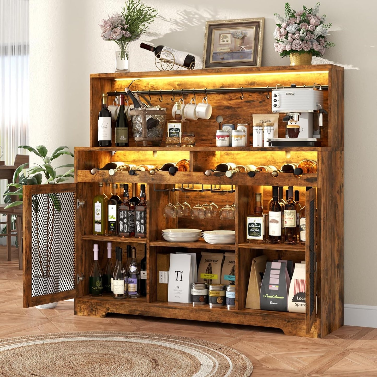 Wine Bar Cabinet with LED Light, Liquor Cabinet with Glass Holder, Coffee Bar for Liquor, Storage Buffet with Wine Racks, Wine Cabinet