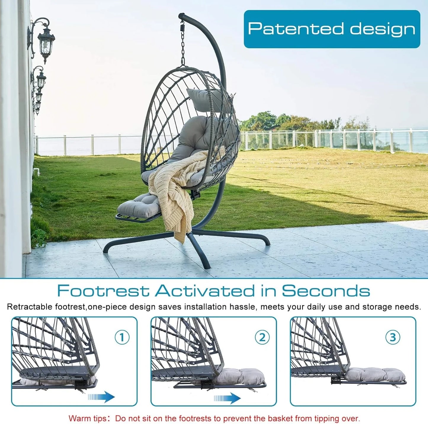 Hanging Egg Chair with Stand and Leg Rest – Rattan Wicker Swing Hammock Chair, UV-Resistant Cushion, Heavy-Duty Frame for Indoor & Outdoor Patio, Bedroom, Balcony, Garden – 330 lbs Capacity.