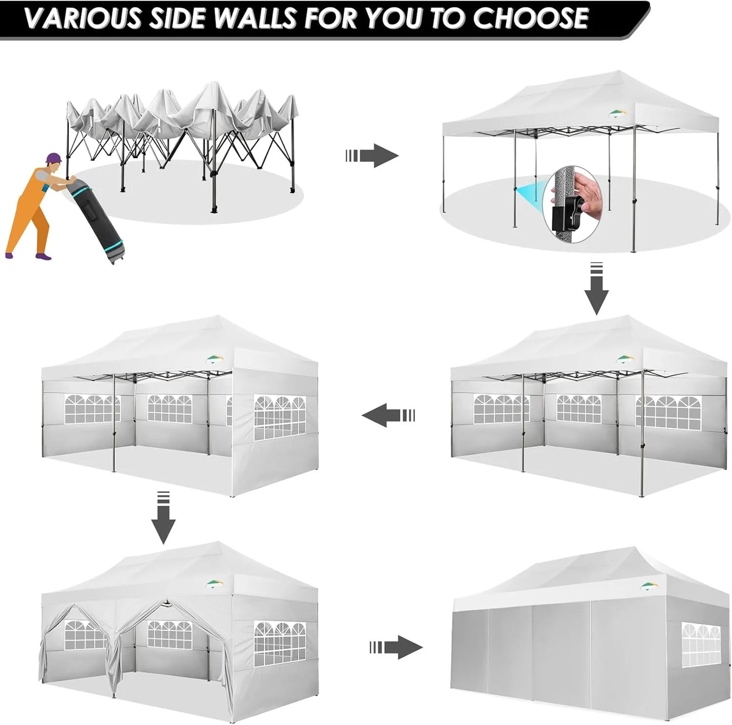 COBIZI 10x20 Heavy Duty Pop up Canopy Tent with 6 sidewalls Easy Up Commercial Outdoor Canopy Wedding Party Tents for Parties All Season Wind & Waterproof Gazebo with Roller Bag,Black(Frame Thickened)