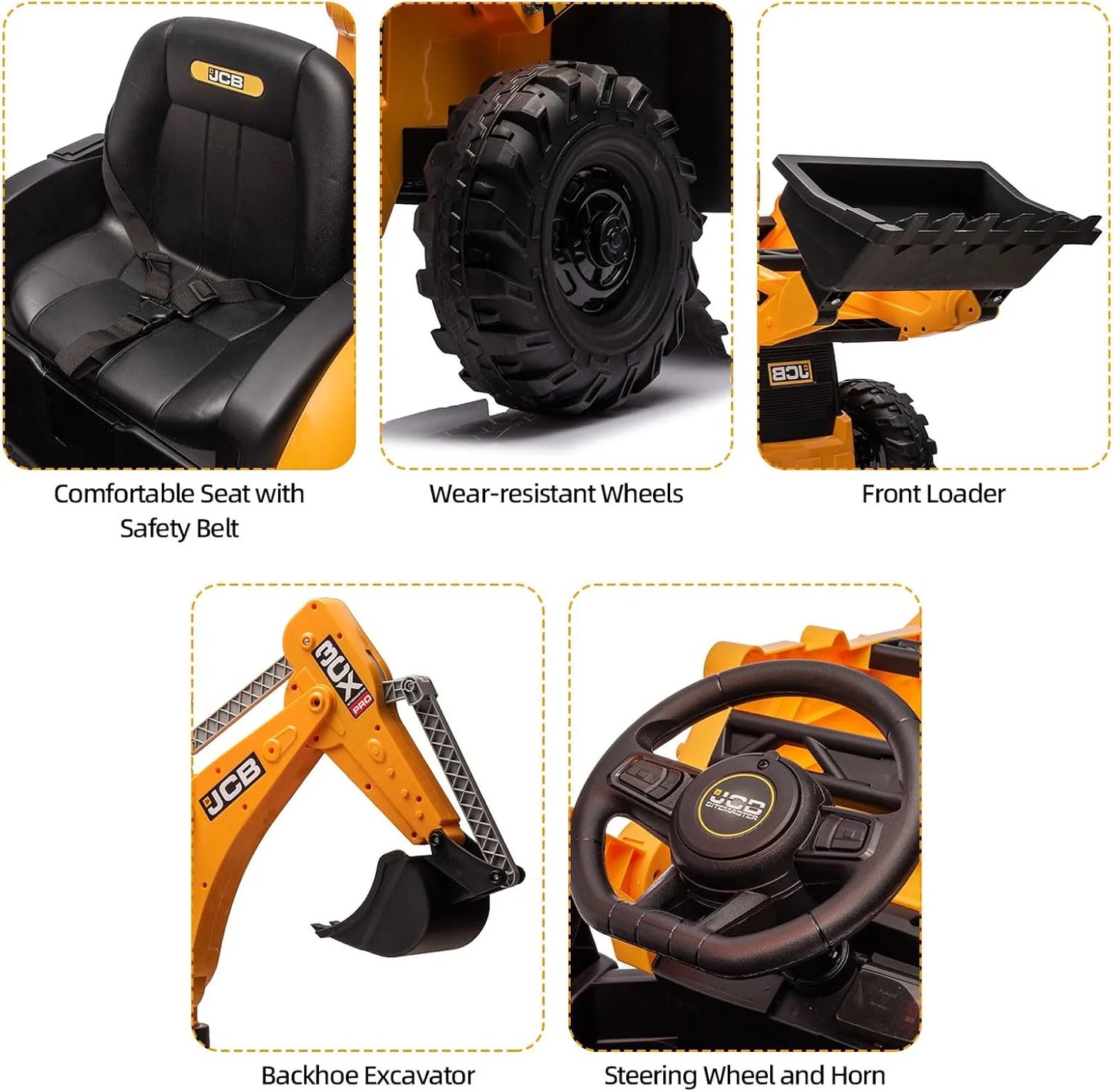12V JCB Ride On Excavator, Ride on Toys for Kids 4-8, Electric Car for Kids with Tractor, Bulldozer, Digging Arm, Backhoe Toy Car with Slow Start/Stop, Adjustable Speeds