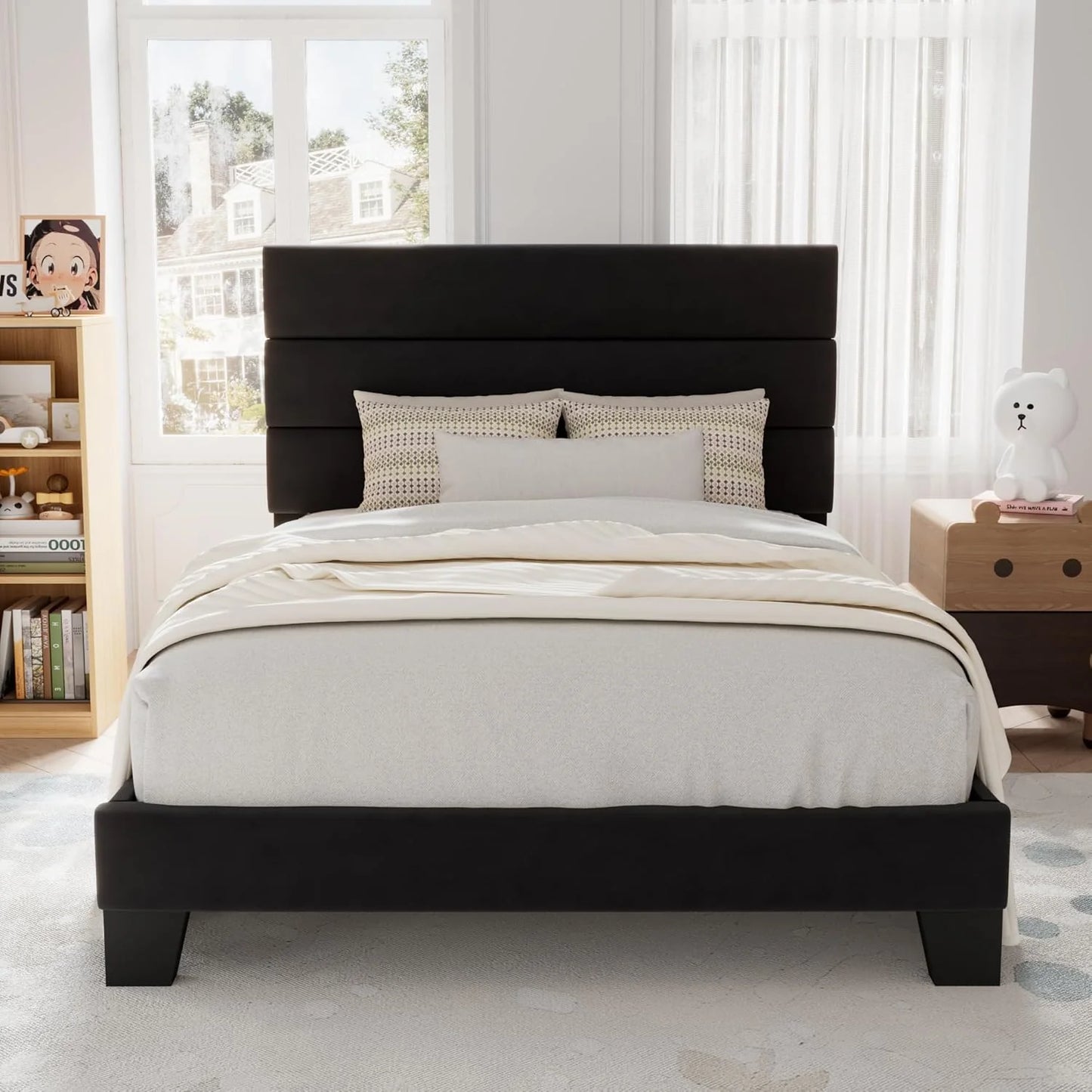 Allewie Queen Size Platform Bed Frame with Fabric Upholstered Headboard and Wooden Slats Support, Fully Upholstered Mattress Foundation/No Box Spring Needed