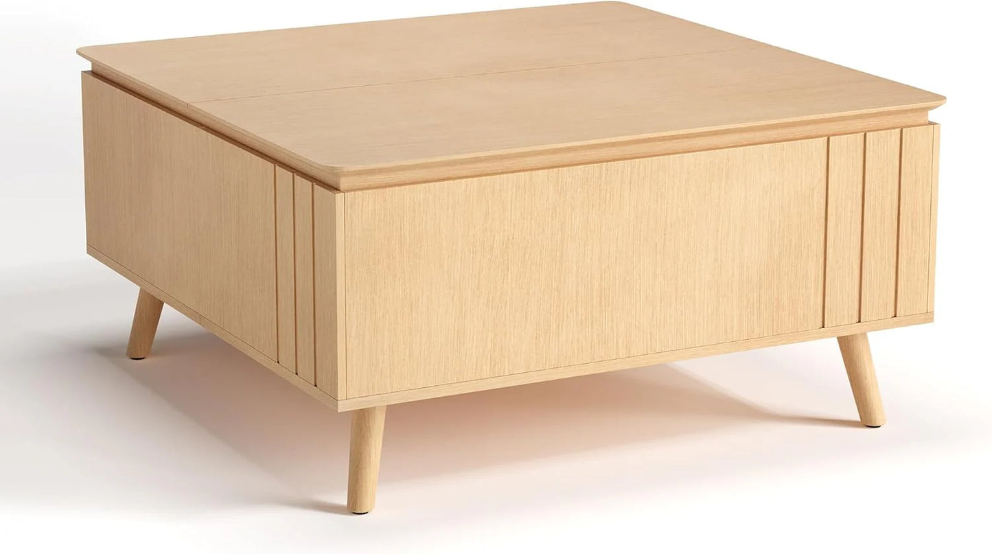 Round Coffee Table with Storage,Fluted Center Table with Sliding Cabinet Door for Living Room,Home Small Space,31.5" Small Center Table,Walnut