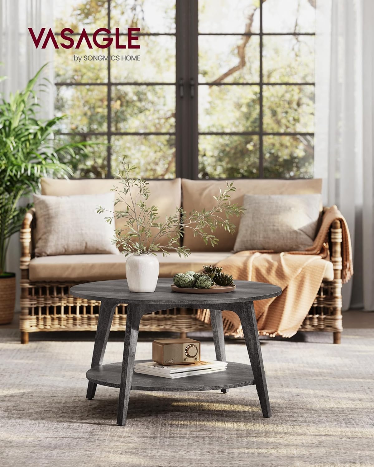 VASAGLE Round Coffee Table, 2 Tier Coffee Table with Storage, for Living Room, 31.5 x 17.7 Inches