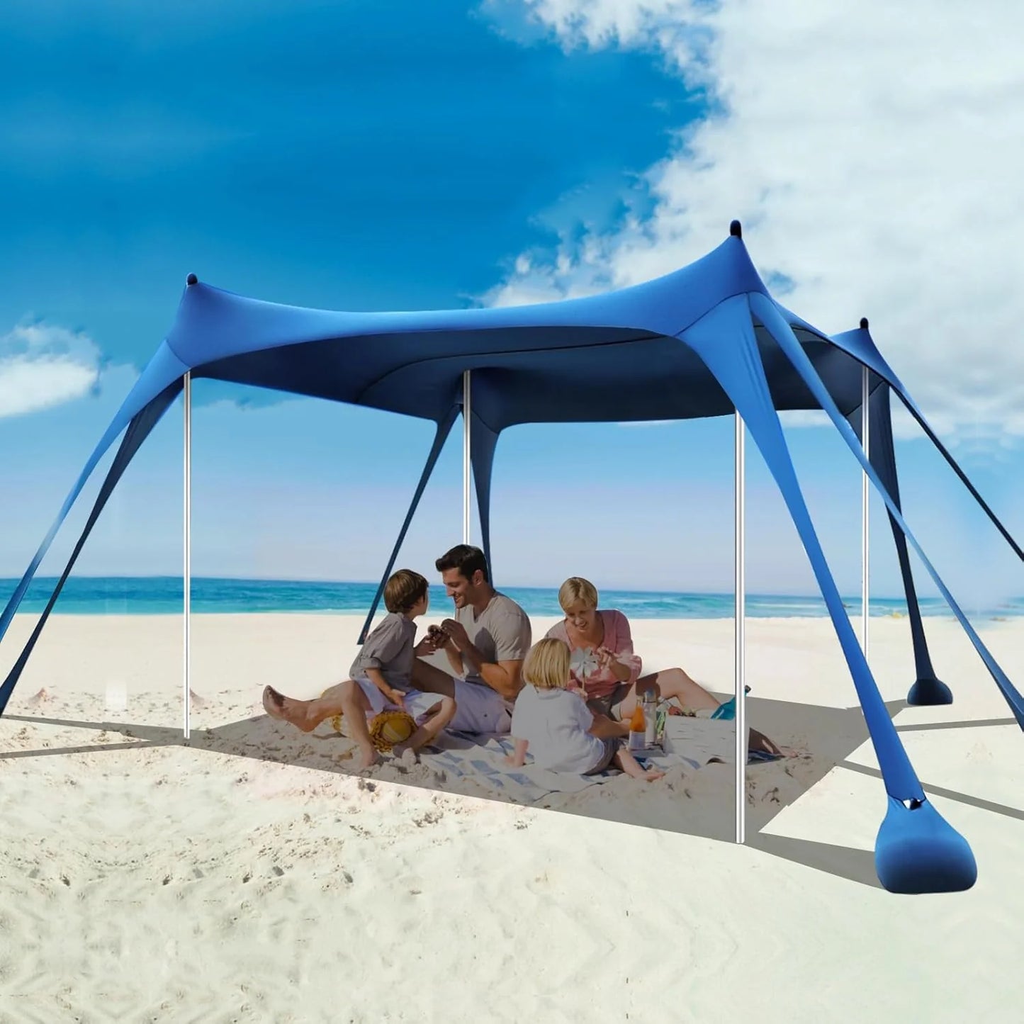 Beach Tent Sun Shelter, 10 x 10 FT Beach Canopy Tent Sun Shade Heavy Duty, UPF50+ Beach Tent Canopy with 8 Sandbags & 4 Stability Poles, Outdoor Beach Shade Canopy for Camping and Fishing, Blue
