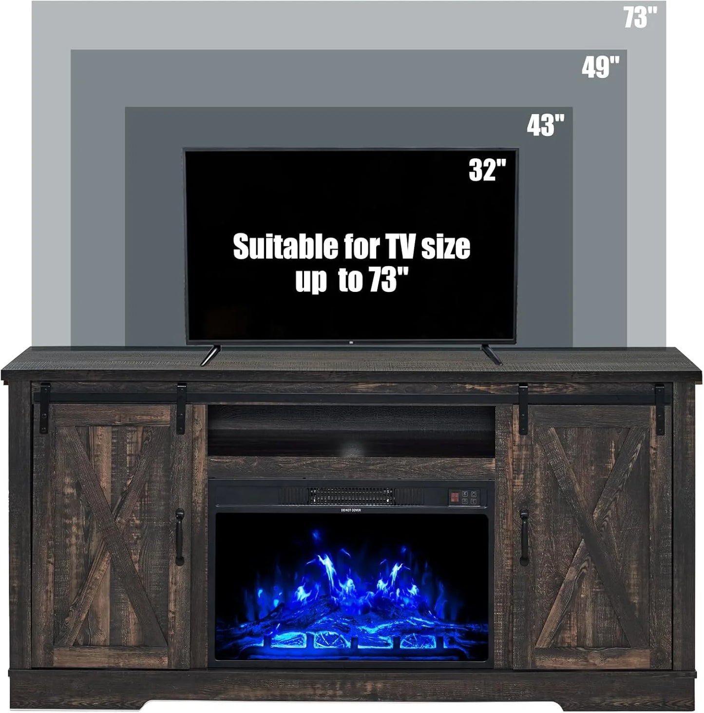 AMERLIFE Fireplace TV Stand with Sliding Barn Door for TVs up to 73", Farmhouse 63" Fireplace Entertainment Center with Storage Cabinets/Adjustable Shelves