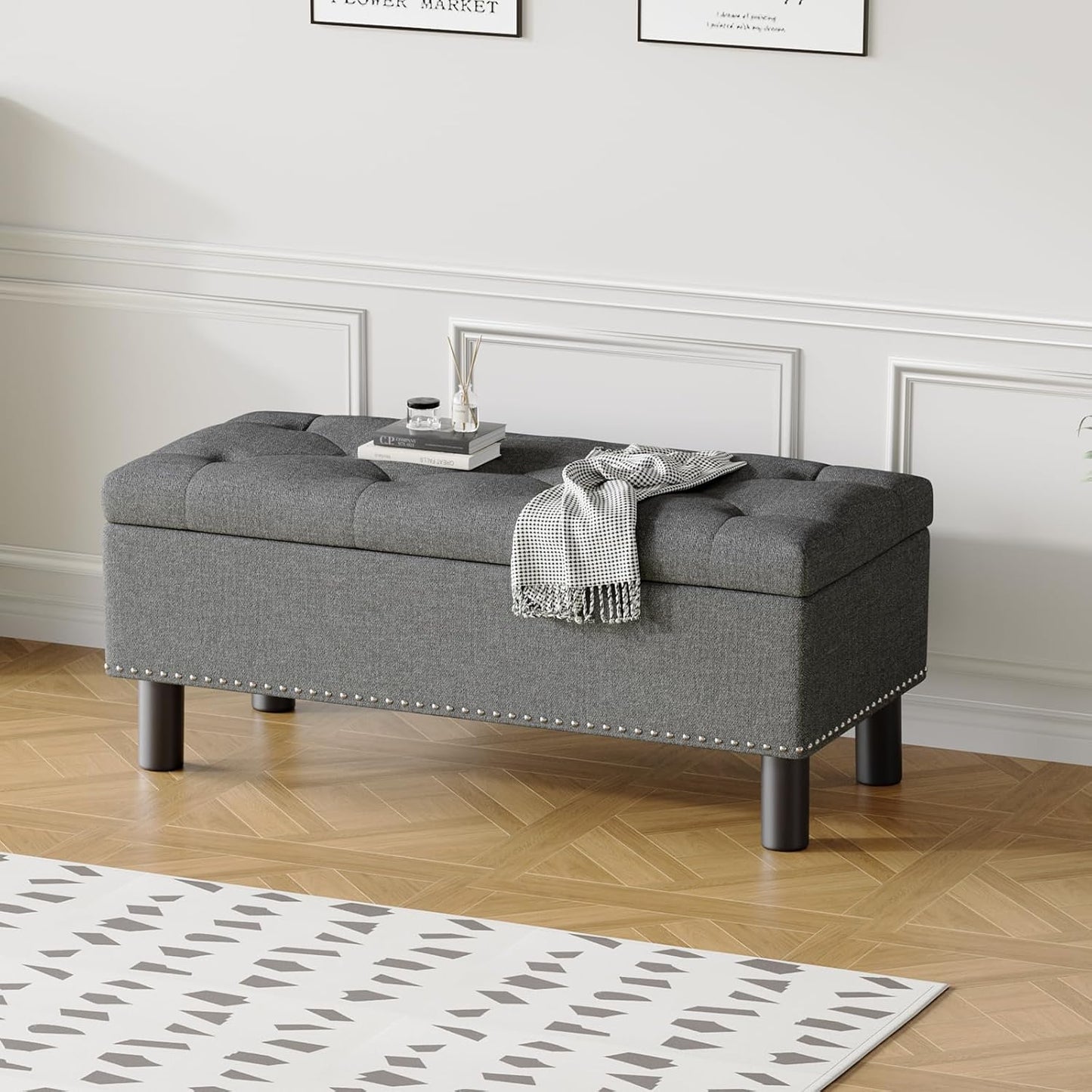 Furniliving Modern Storage Ottoman Bench, Sherpa Ottoman End of Bed Bench with Solid Wood Legs Upholstered Ottoman Benches with Storage Indoor Bench