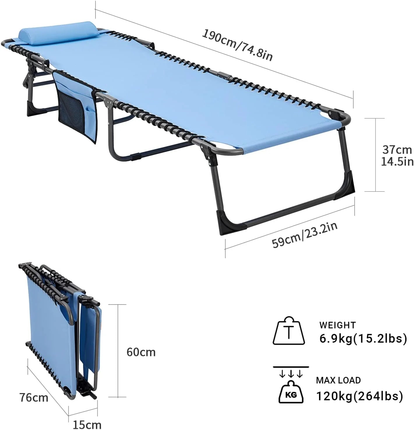 2 Pack Outdoor Chaise Lounge Chair - Portable Folding Patio Pool Lounge Chair, 5 Positions Adjustable Reclining Camping Chair with Side Table,Shoulder Strap, Pillow for Beach Sunbathing Lawn