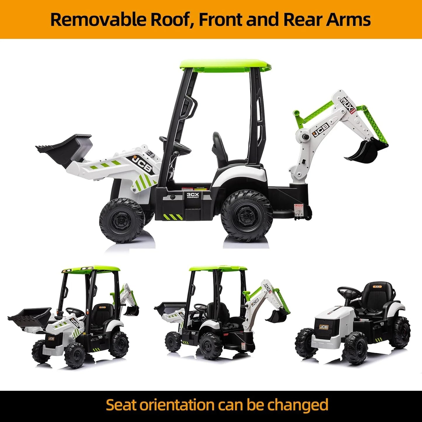 12V JCB Ride On Excavator, Ride on Toys for Kids 4-8, Electric Car for Kids with Tractor, Bulldozer, Digging Arm, Backhoe Toy Car with Slow Start/Stop, Adjustable Speeds