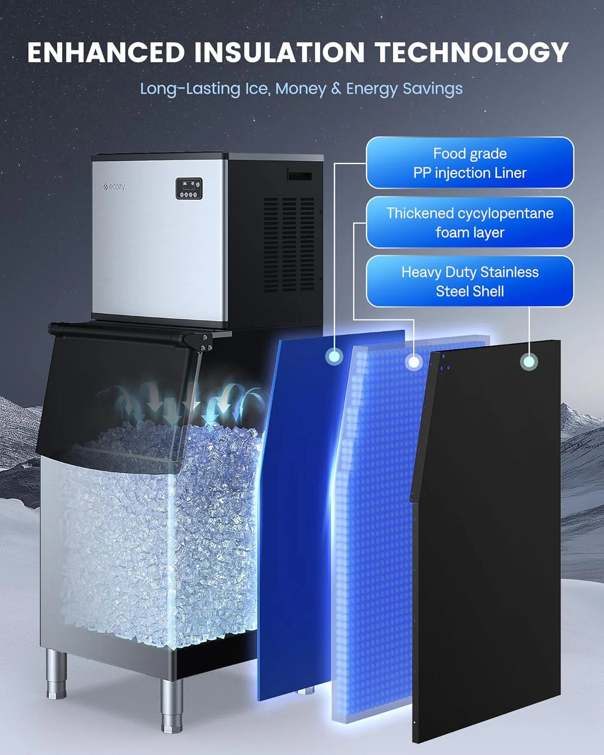 ecozy Portable Ice Maker Countertop, 9 Cubes Ready in 6 Mins, 26 lbs in 24 Hours, Self-Cleaning Machine with Ice Bags/Standing Ice Scoop/Ice Basket for Kitchen Office Bar Party, Aqua
