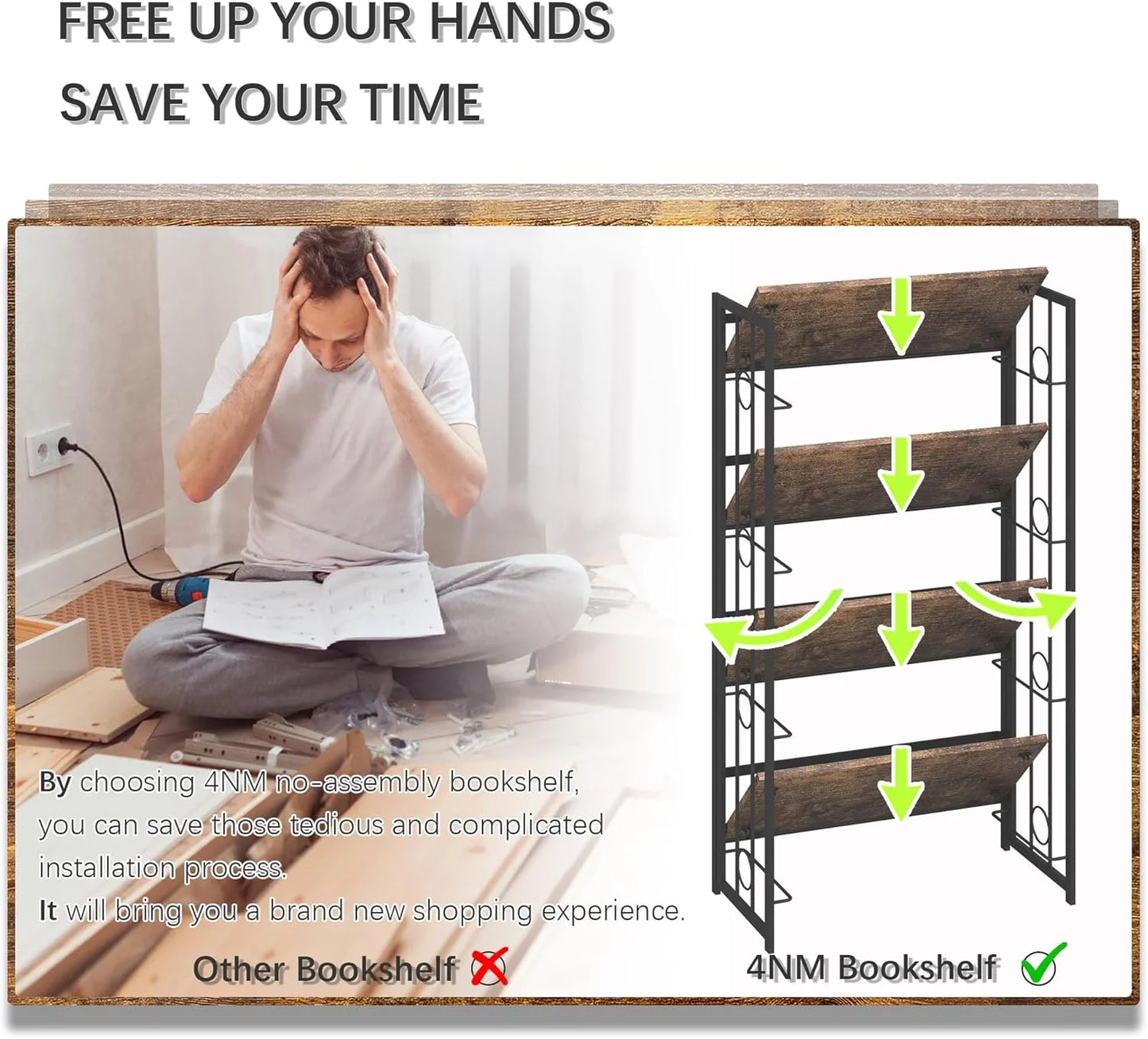 5 Tiers No Assembly Book Shelves 51.2" H Folding Bookshelf Bookcase