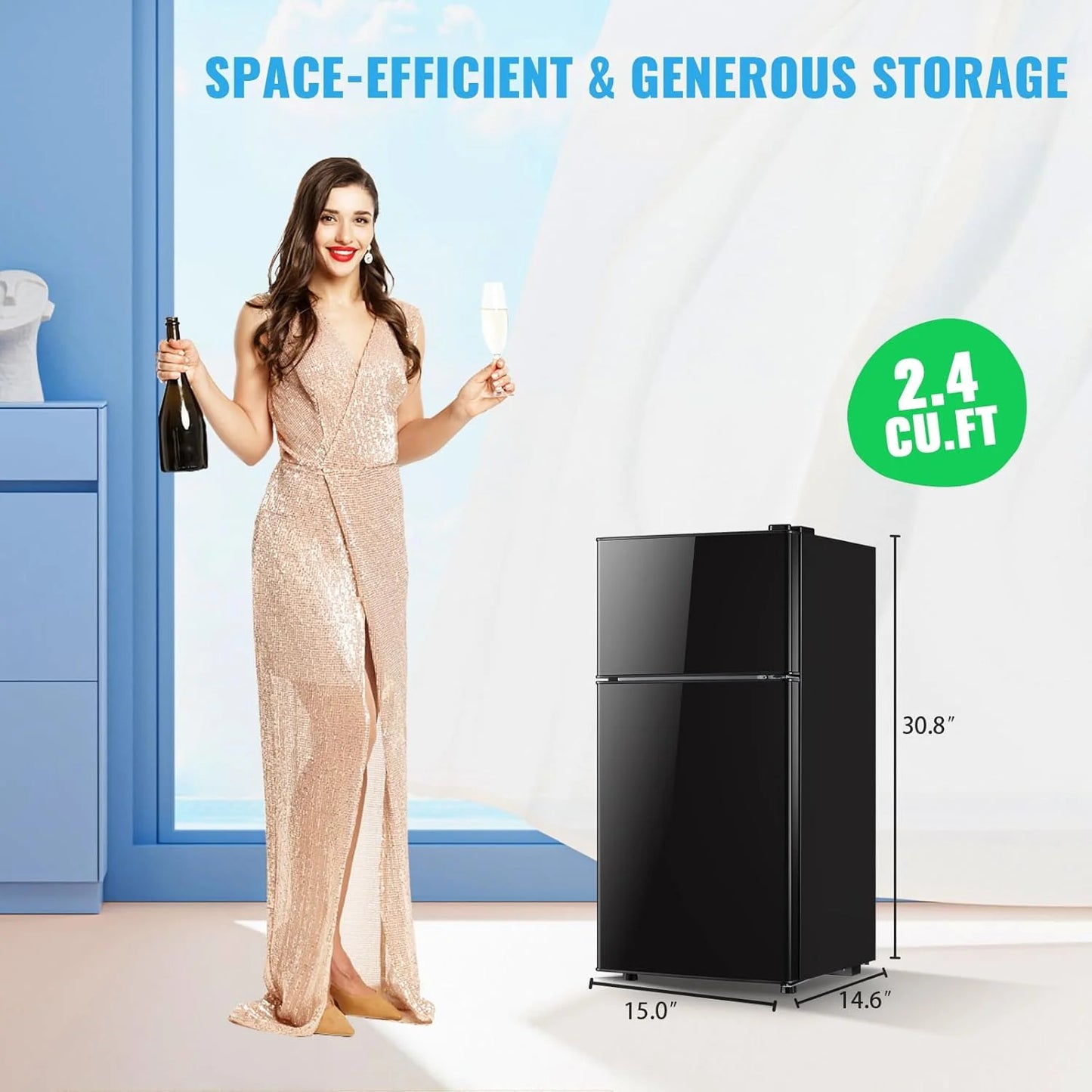 2.4 Cu.Ft Mini Fridge with Freezer & Double Door Small Tiny Size Refrigerator with 7 Temperature Control Knob Only Suitable for One Person Use Black