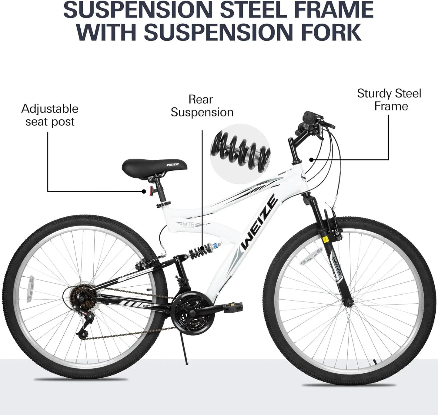 WEIZE Mountain Bike, 26 27.5 inch Outdoor Hybrid Bikes,18-Speed/High-Carbon Steel/Dual Full Suspension, Adjustable Ergonomic Seat for Men Women Adult, MTB Bicycle with Suspension Fork,Sleek Colors
