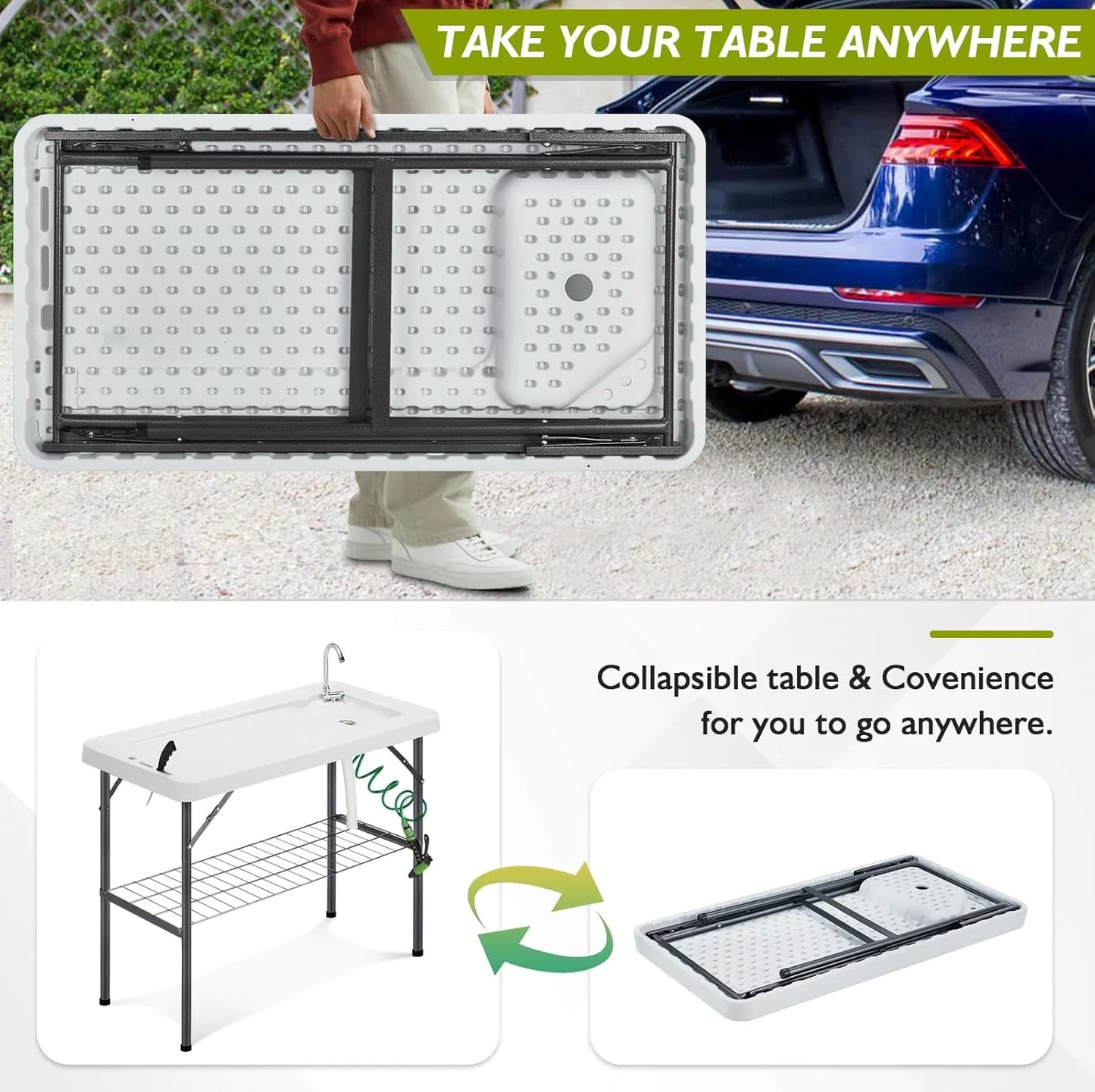 Folding Fish Cleaning Table Portable Camping Sink Table with Faucet Drain Hose and Sprayer Outdoor Fish Fillet Cleaning Station