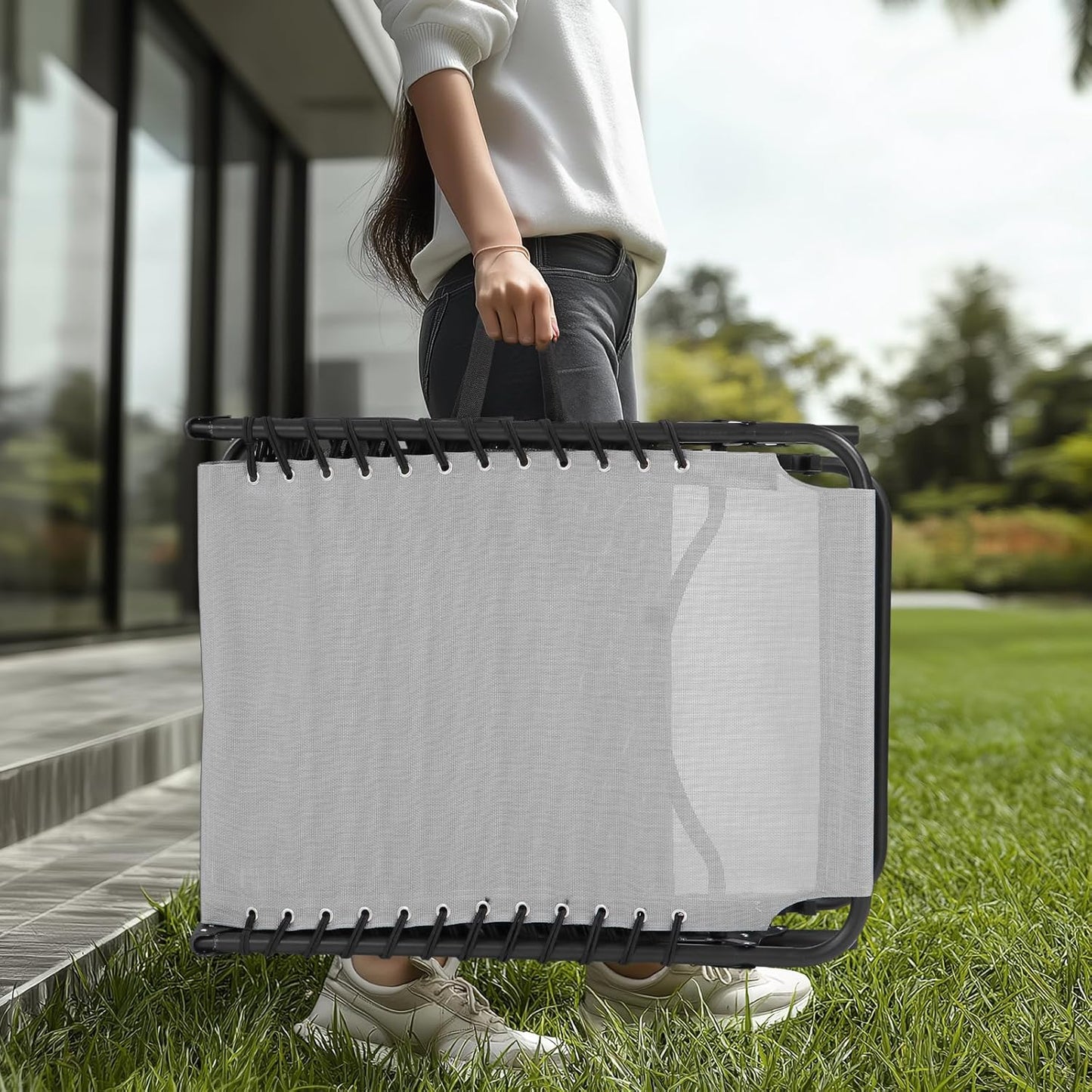 Unovivy Outdoor Chaise Lounge Chairs Set of 2, Portable Folding Pool Lounge Chair with 5-Position Reclining Back, Teslin Tanning Chair for Pool, Beach, Patio, Sunbathing