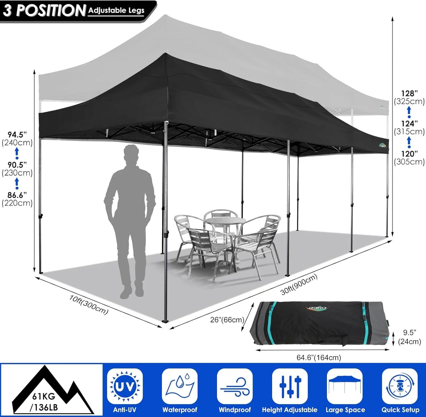 COBIZI 10x20 Heavy Duty Pop up Canopy Tent with 6 sidewalls Easy Up Commercial Outdoor Canopy Wedding Party Tents for Parties All Season Wind & Waterproof Gazebo with Roller Bag,Black(Frame Thickened)