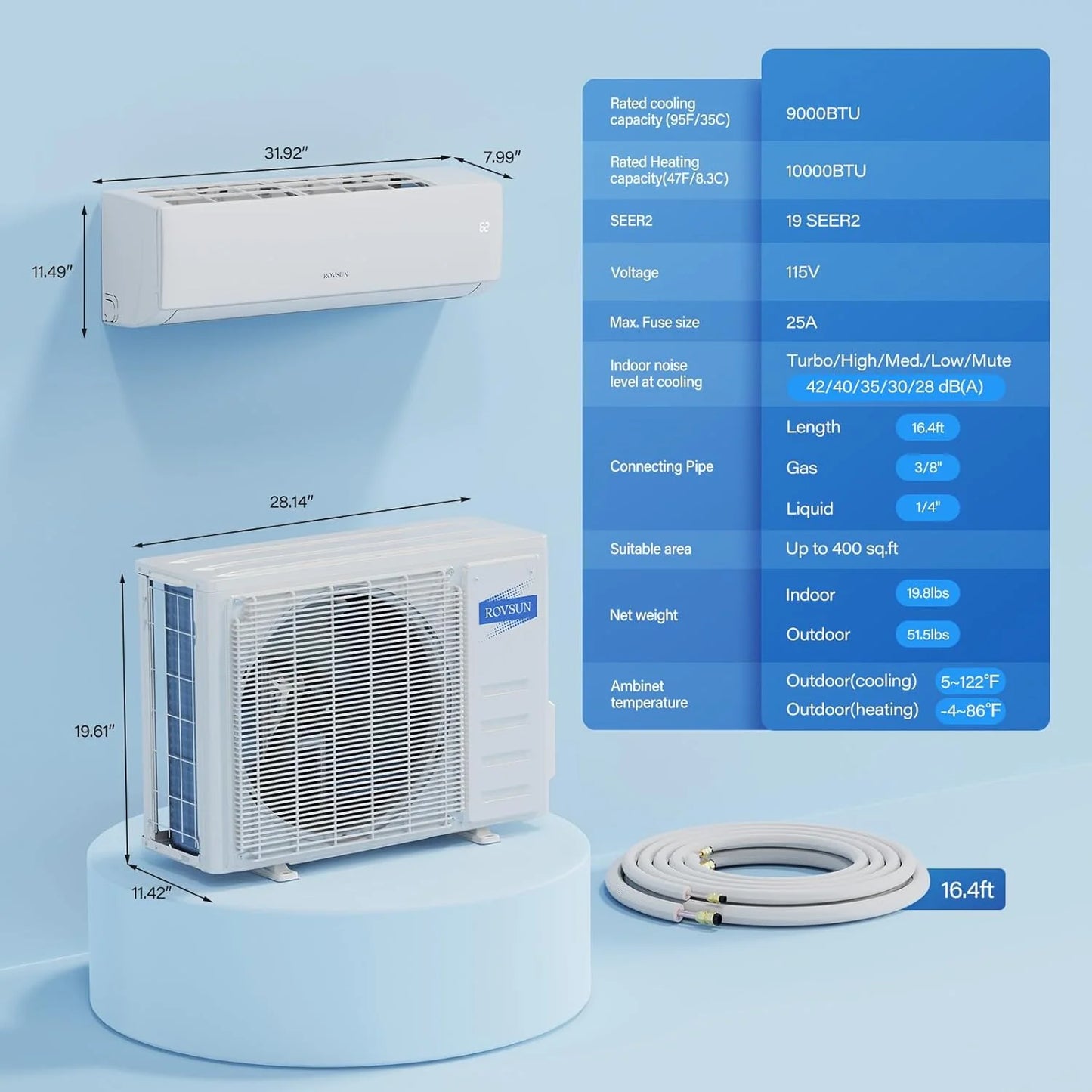 ROVSUN 9000 BTU Wifi Enabled Mini Split Air Conditioner & Heater with Inverter, 19 SEER2 Energy Saving 115V Ductless Split AC Unit with Pre-Charged Condenser, Heat Pump & Installation Kit
