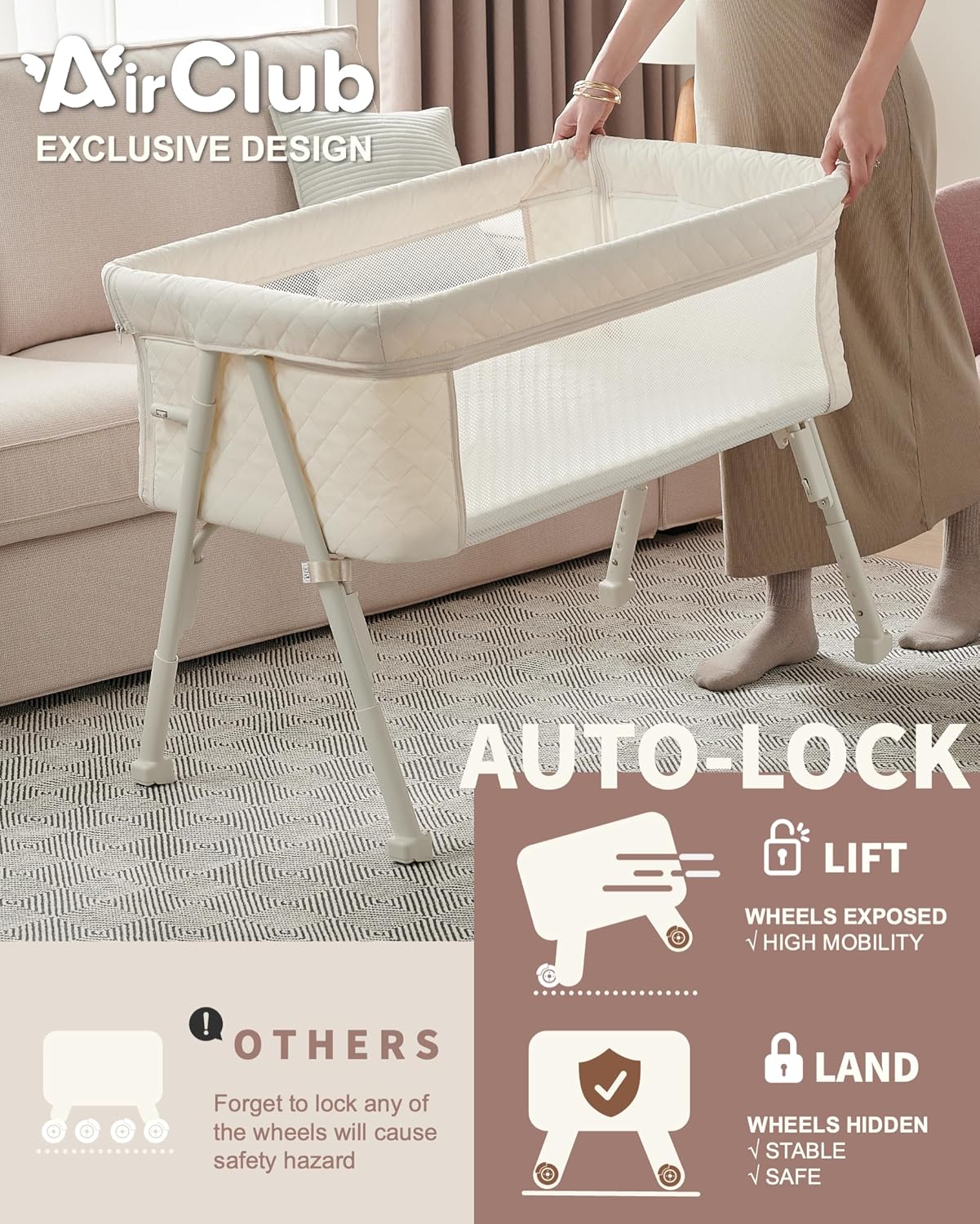 Bassinet Bedside Sleeper, Baby Crib for Newborn, Baby Bassinets Bedside Sleeper with 4 Auto-Lock & Adjustable Height, Breathable Mesh & Mattress