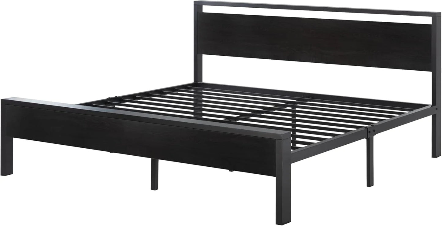 SHA CERLIN 14 Inch Queen Size Metal Platform Bed Frame with Wooden Headboard and Footboard, Mattress Foundation, No Box Spring Needed, Large Under Bed Storage, Non-Slip Without Noise, Black Oak