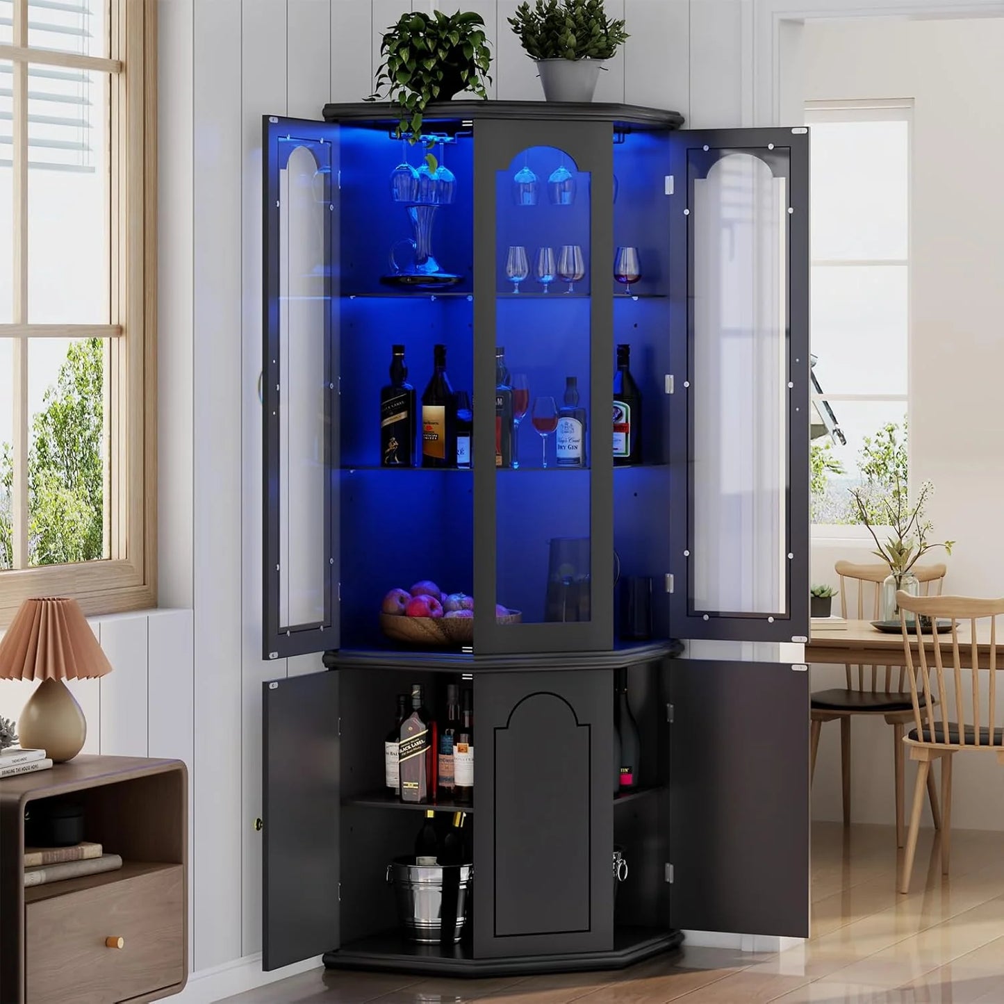 Corner wine cabinet with LED lights, tall modern wine cabinet, home bar wine storage cabinet