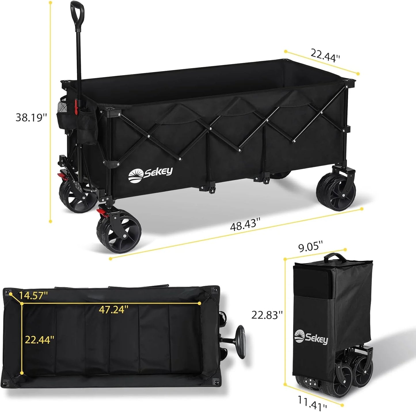 Sekey 48 Inch Long Foldable Extended Travel Cart, 440 Lbs Load Capacity, Heavy Duty 300 Liter Folding Multi-Purpose Garden Cart
