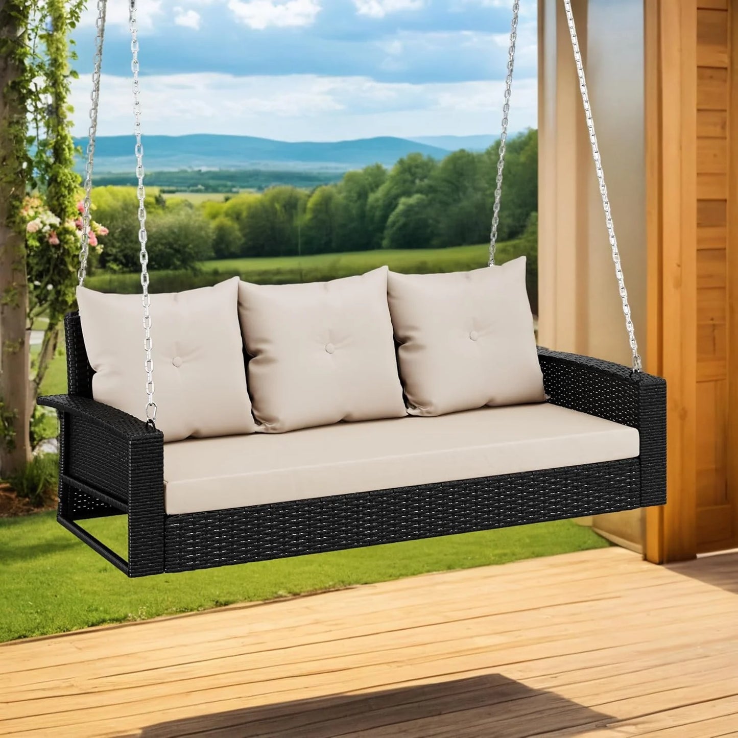 YITAHOME Hanging Porch Swing Chair Sits 3 People, Wicker Outdoor Swing Bench, Patio Lounge Chair, 1 Seating Cushion and 3 Back Cushions, w/Removable Covers, for Garden, Balcony, Backyard, Brown