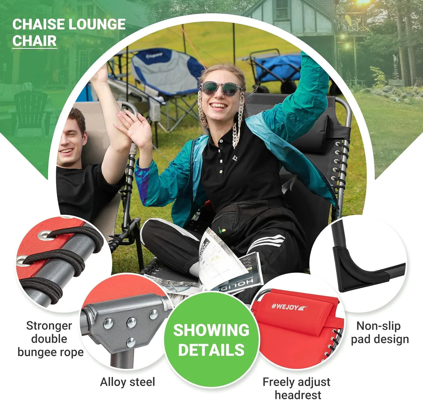 2 Pack Outdoor Chaise Lounge Chair - Portable Folding Patio Pool Lounge Chair, 5 Positions Adjustable Reclining Camping Chair with Side Table,Shoulder Strap, Pillow for Beach Sunbathing Lawn