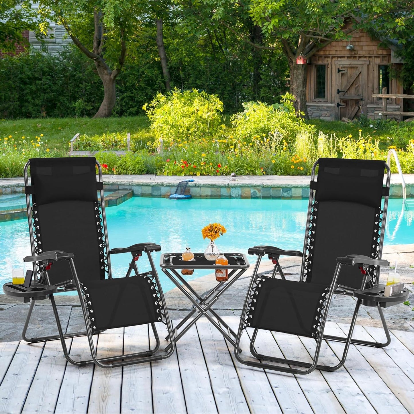3PCS Zero Gravity Recliner Portable Outdoor Reclining Chair Set w/Side Table Folding Chaise Lounge Chairs
