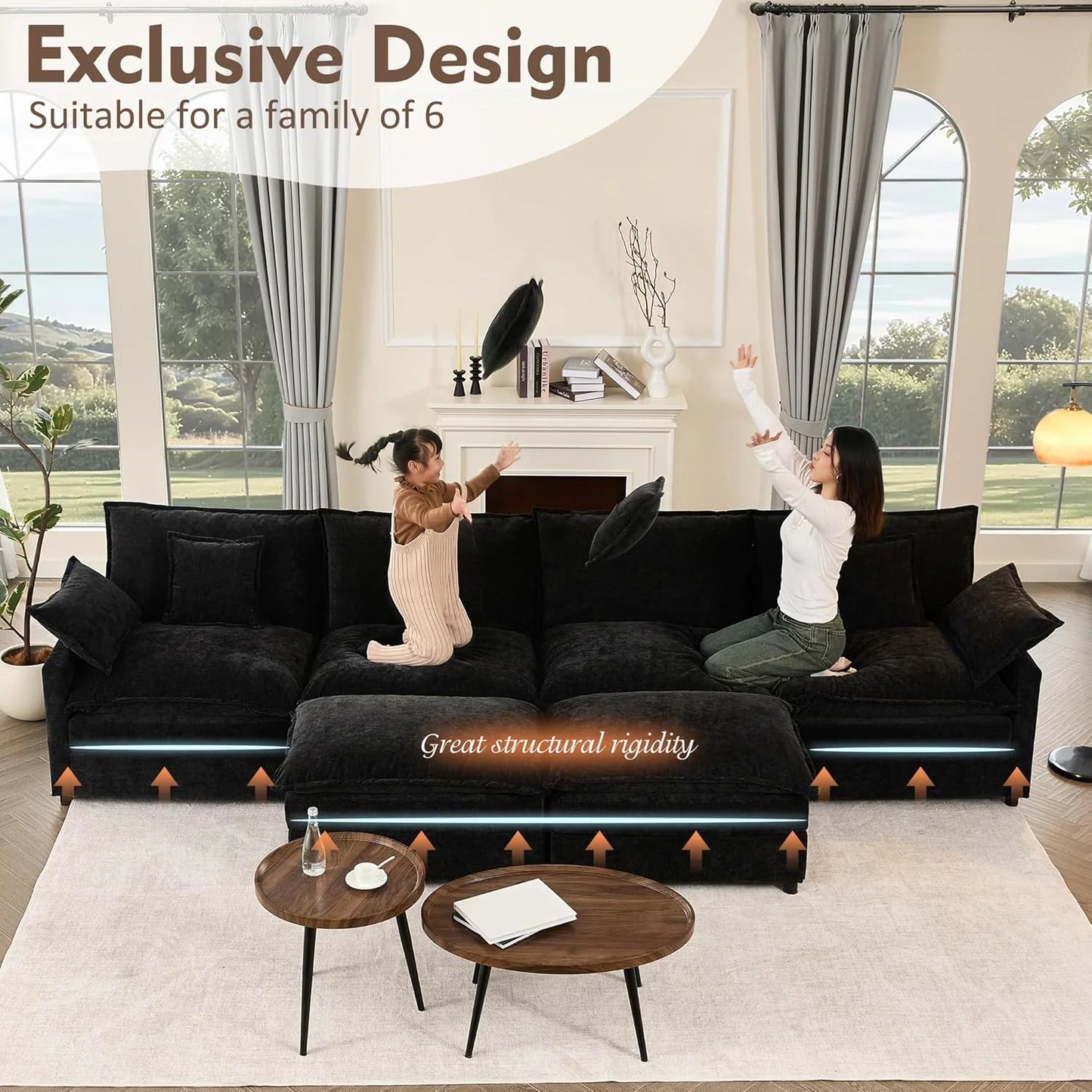 108 Inch U Shape Sofa, Sectional Sofa, Comfortable Cloud Sofa with Removable Footstool, Living Room Deep Seat Sofa, Linen, Beige