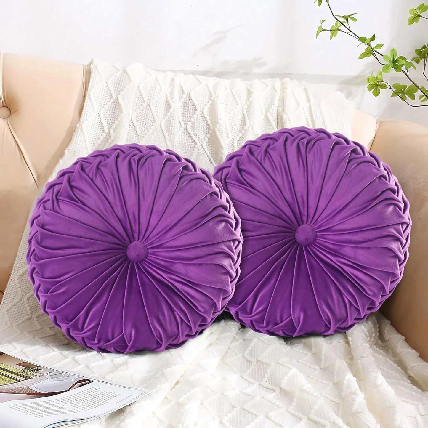 Set of 2 Decorative Round Pleated Throw Pillows