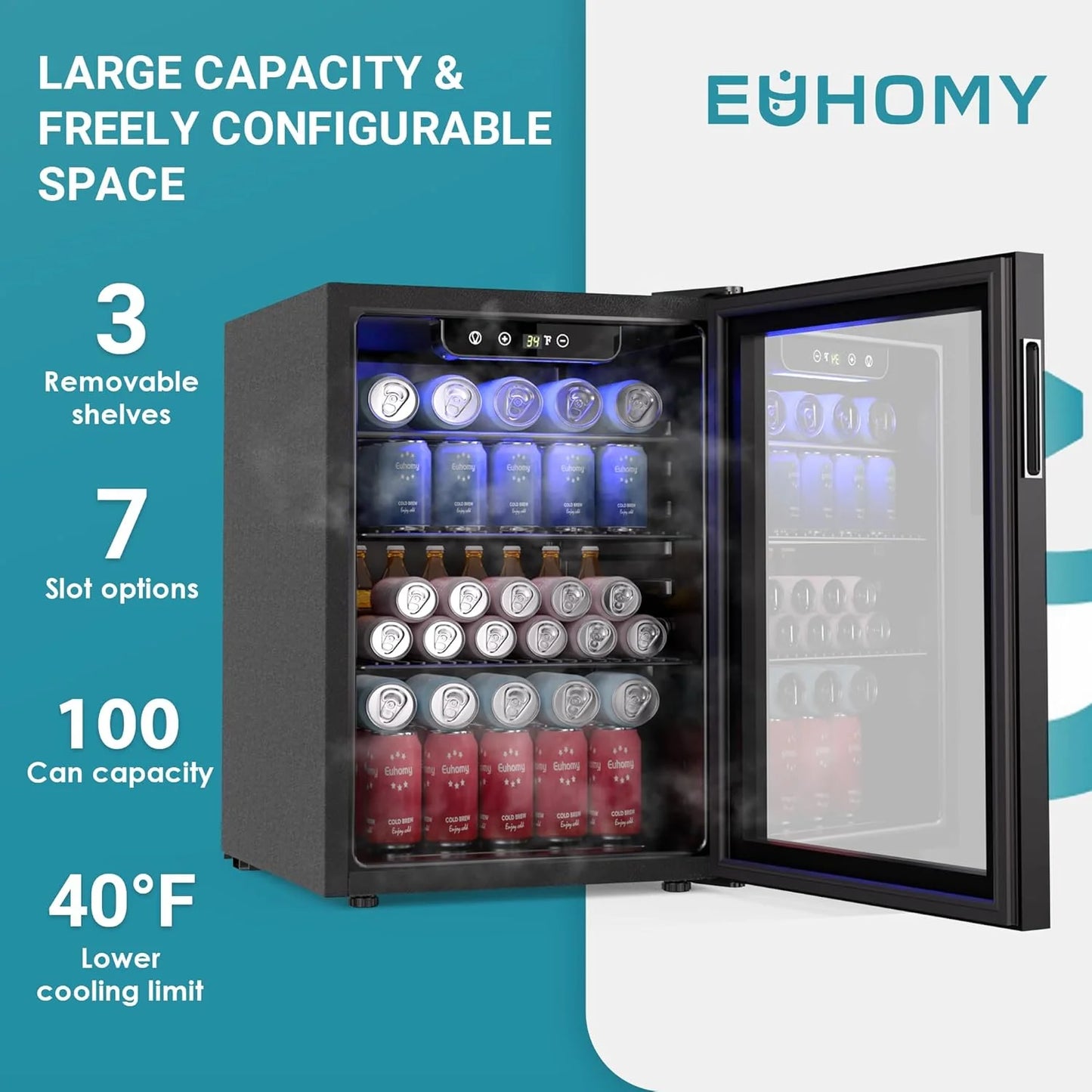 EUHOMY Beverage Refrigerator Cooler, 130 Can Mini Fridge with Glass Door for Soda Beer or Wine, Beverage Cooler for Home, Office, Bar with Adjustable Removable Shelves, Silver