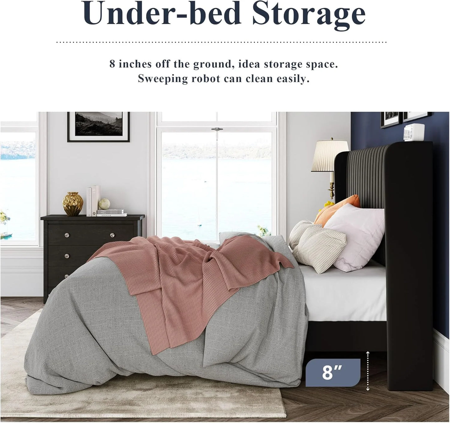 Allewie Full Size Velvet Bed Frame/Vertical Channel Tufted Wingback Headboard/Upholstered Platform Bed/Strong Wooden Slats/No Box Spring Needed/Easy Assembly/White