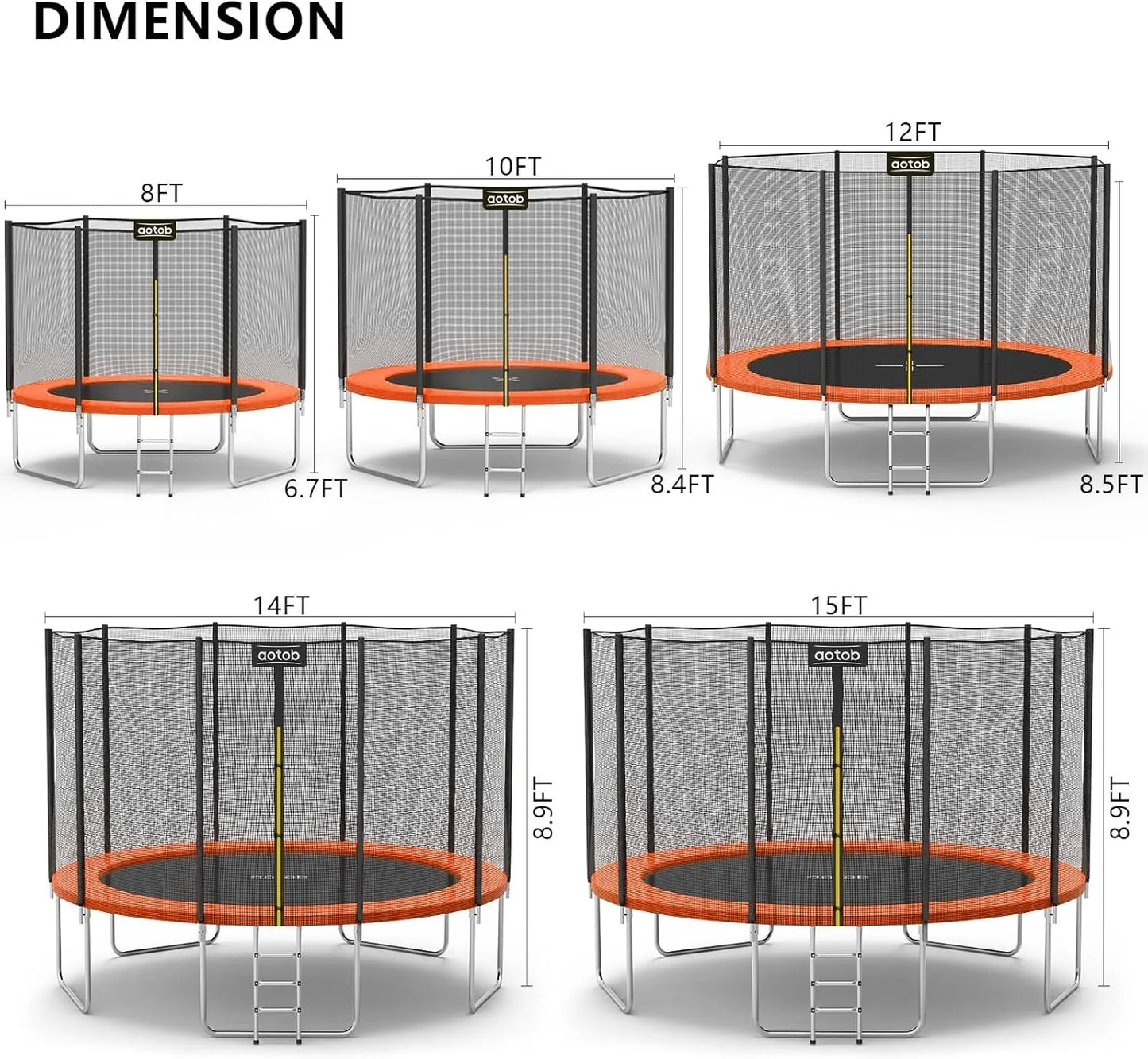 AOTOB 8FT 10FT 12FT 14 FT 15FT Trampoline with Safety Enclosure Net，Outdoor Trampoline with Basketball Hoop, Heavy Duty Jumping Mat and Spring Cover Padding for Kids and Adults, Storage Bag and Ladder
