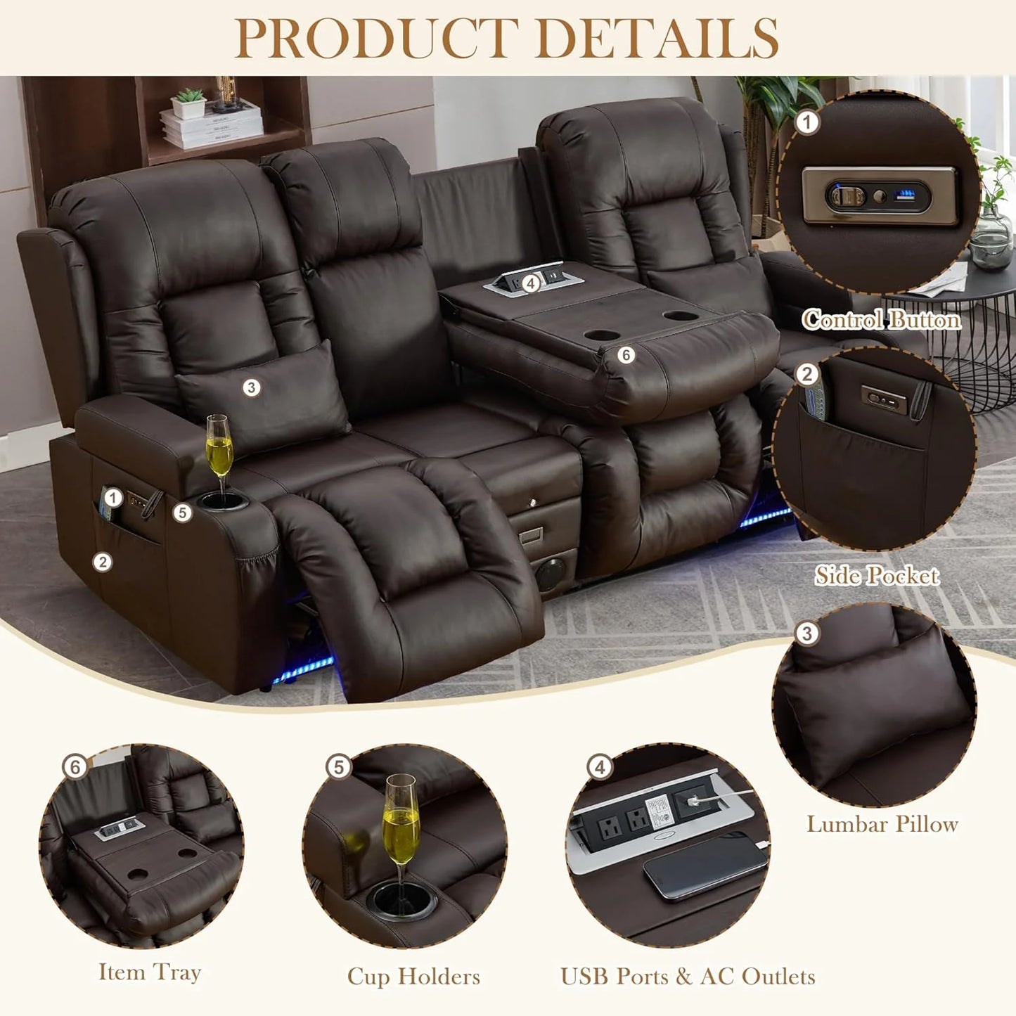 TUNYI Power Loveseat Recliner Sofa with Massage & Heat Home Theater Seating with Console Electric Recliner RV Sofa with USB/Outlet/Storage/Side Pocket/LED Light/Speaker (Brown, Loveseat)
