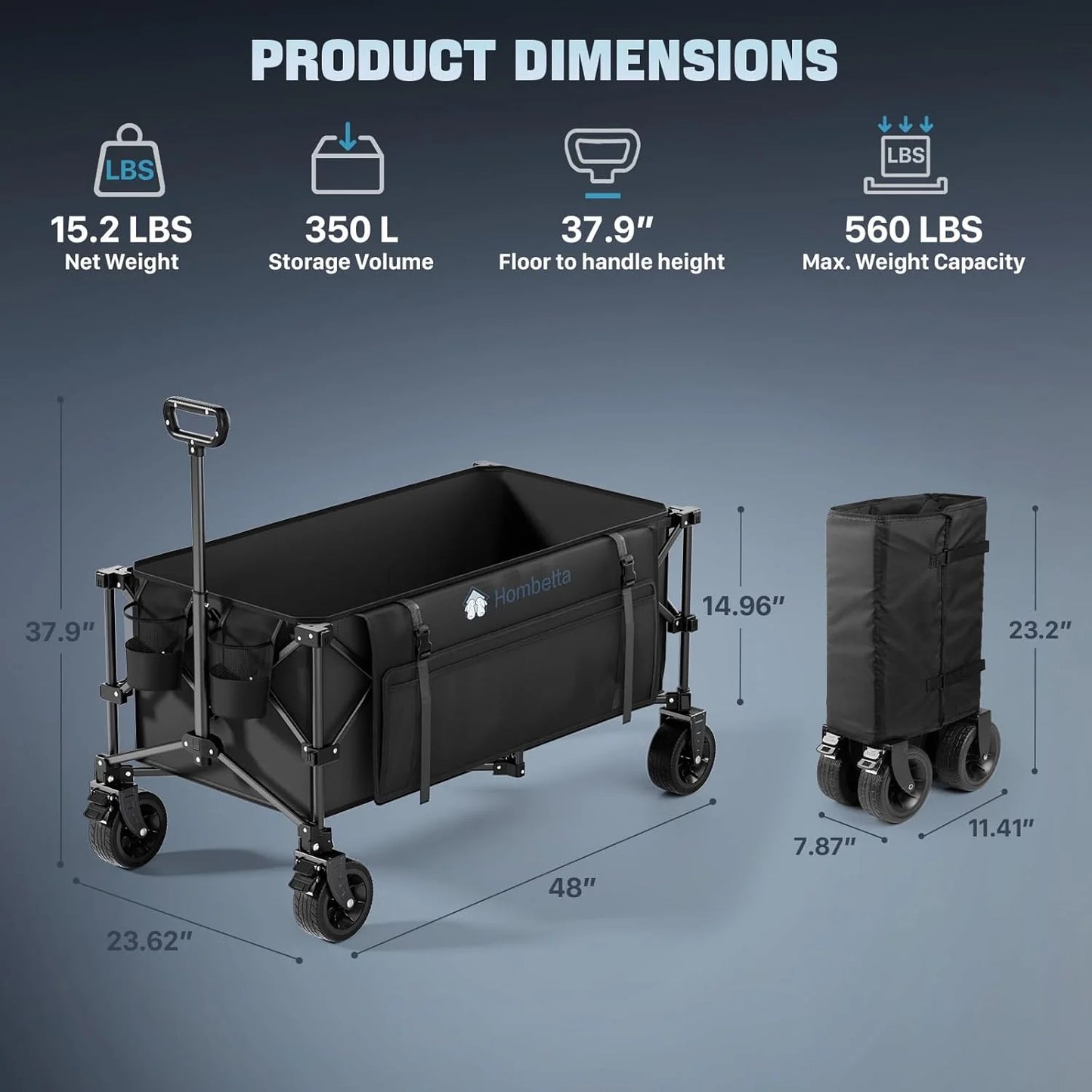 48" Extra Large Folding Travel Cart, 560 lb Capacity, 350 L Heavy Duty Utility Cart with Brakes and All-Terrain Wheels