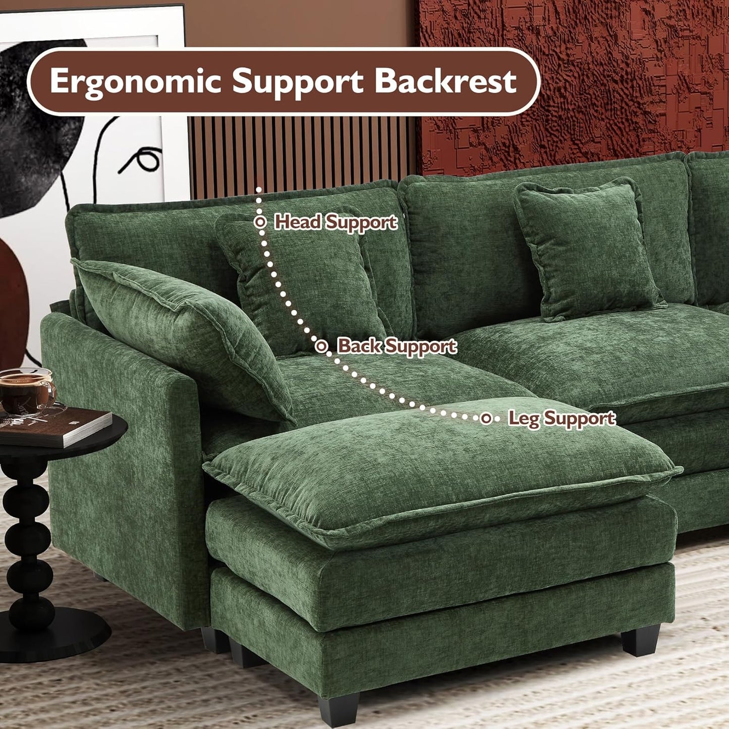 111.4 Inch L-Shaped Modern Sofa Modular Cloud Sofa with Ottoman, 4-Seater Chenille Deep Seat Sofa with Pillows for Living Room, Bedroom and Apartment, Beige